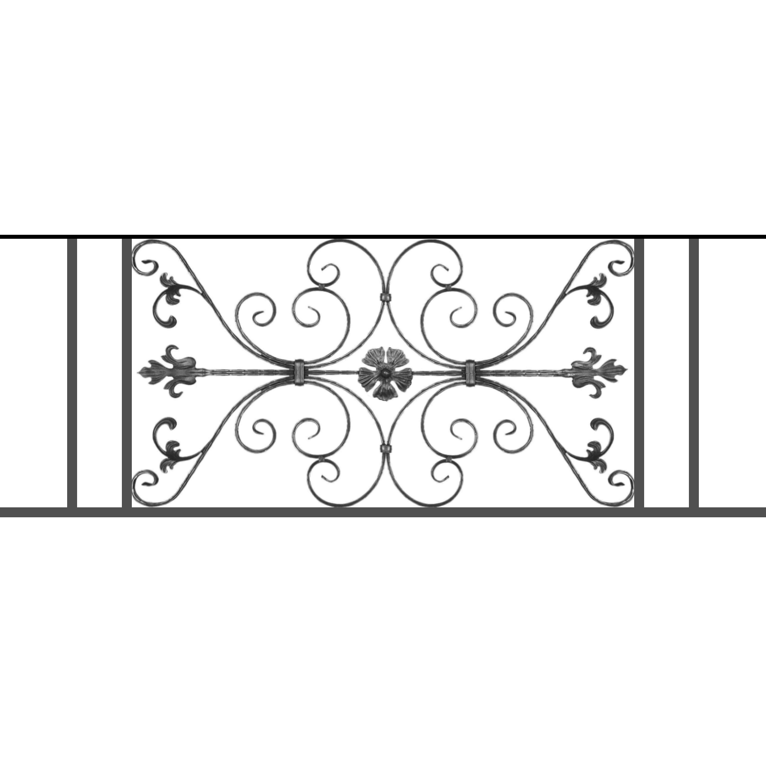 Appui de fenêtre type AF013 à sceller dans votre tableau de fenêtre. Longueur finie de 1540mm et Hauteur finie de 568mm. Convient pour les tableaux de fenêtre de 1440mm. 50mm de scellement sont prévue de chaque côté. Main courante laminée de 1440mm de long en fer forgé sur le dessus. Motif au centre de 1010mm de long par 540mm de haut. Le reste de la structure est en tube acier carré de 20mm de section.