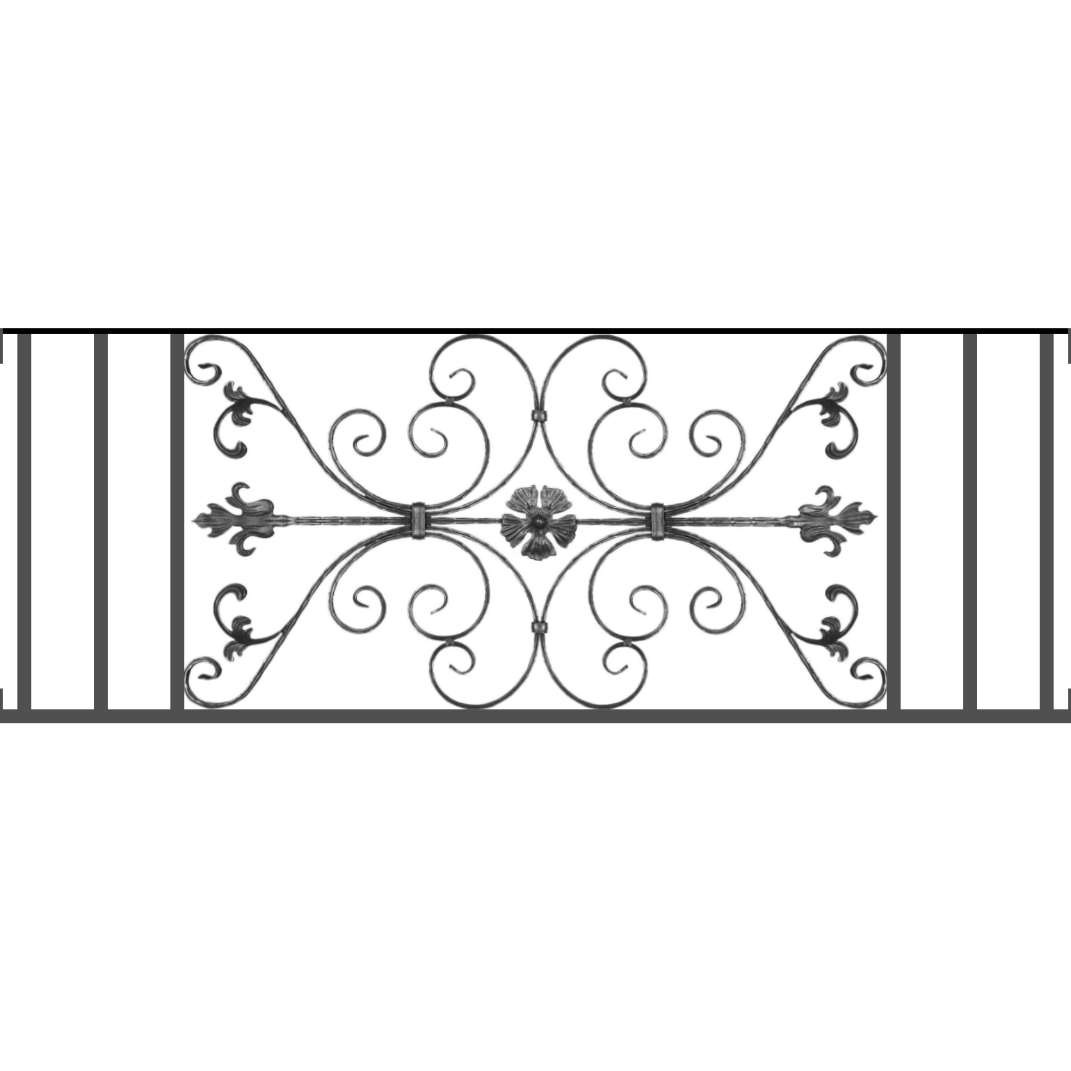 Appui de fenêtre type AF013 à visser dans votre tableau de fenêtre. Longueur finie de 1540mm et Hauteur finie de 568mm. Convient pour les tableaux de fenêtre de 1540mm. Main courante laminée de 1540mm de long en fer forgé sur le dessus. Motif au centre de 1010mm de long par 540mm de haut. Le reste de la structure est en tube acier carré de 20mm de section.