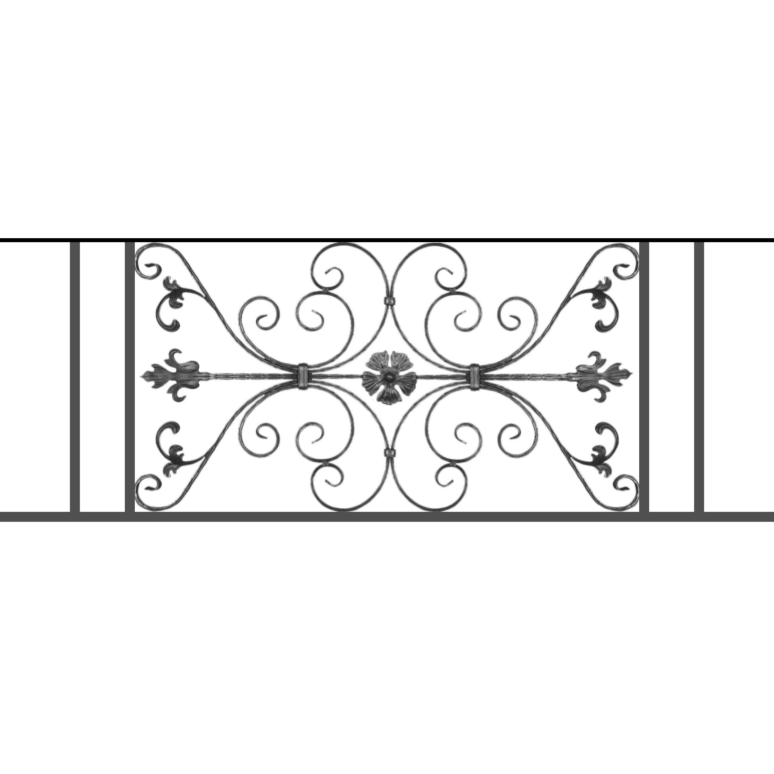 Appui de fenêtre type AF013 à sceller dans votre tableau de fenêtre. Longueur finie de 1550mm et Hauteur finie de 568mm. Convient pour les tableaux de fenêtre de 1450mm. 50mm de scellement sont prévue de chaque côté. Main courante laminée de 1450mm de long en fer forgé sur le dessus. Motif au centre de 1010mm de long par 540mm de haut. Le reste de la structure est en tube acier carré de 20mm de section.