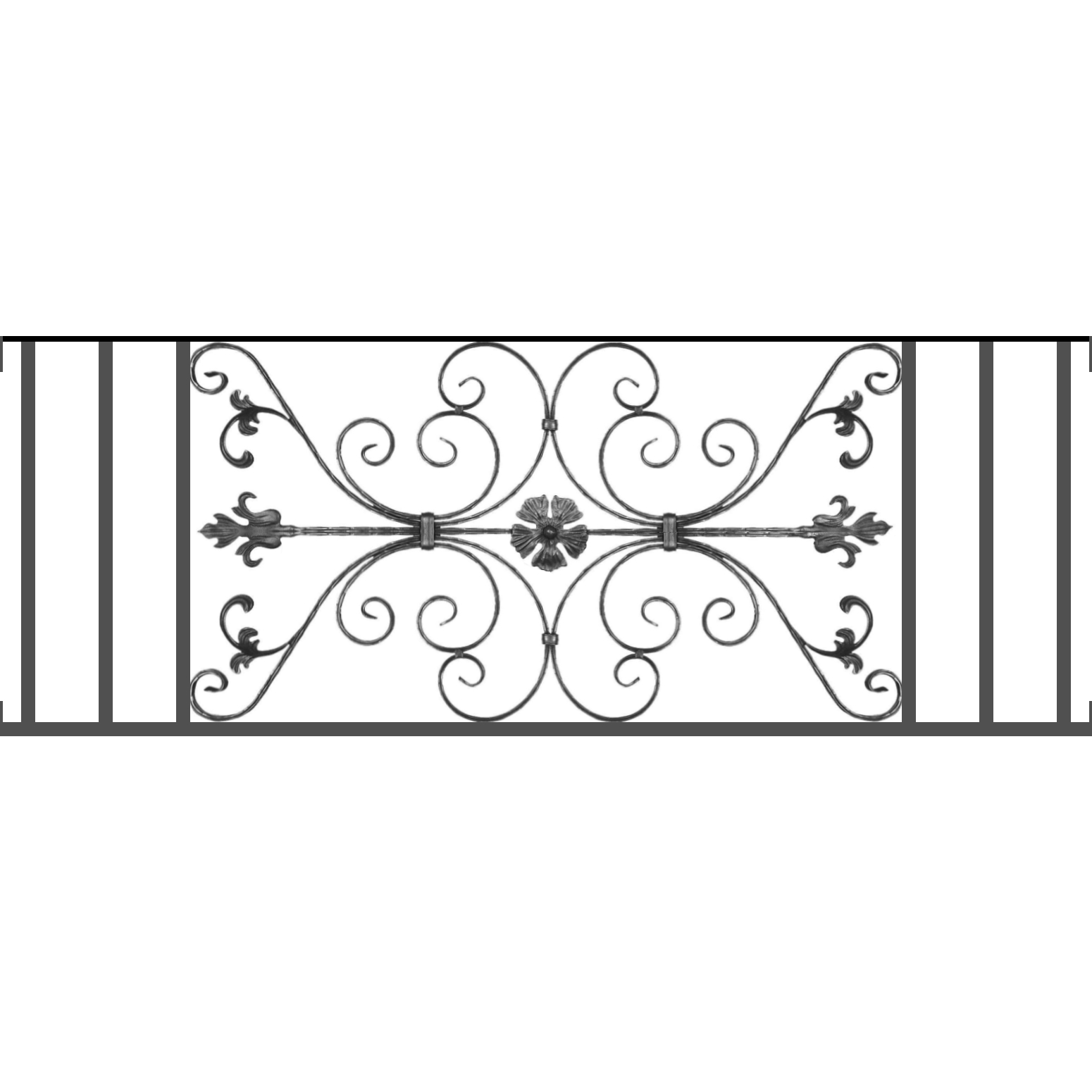 Appui de fenêtre type AF013 à visser dans votre tableau de fenêtre. Longueur finie de 1550mm et Hauteur finie de 568mm. Convient pour les tableaux de fenêtre de 1550mm. Main courante laminée de 1550mm de long en fer forgé sur le dessus. Motif au centre de 1010mm de long par 540mm de haut. Le reste de la structure est en tube acier carré de 20mm de section.