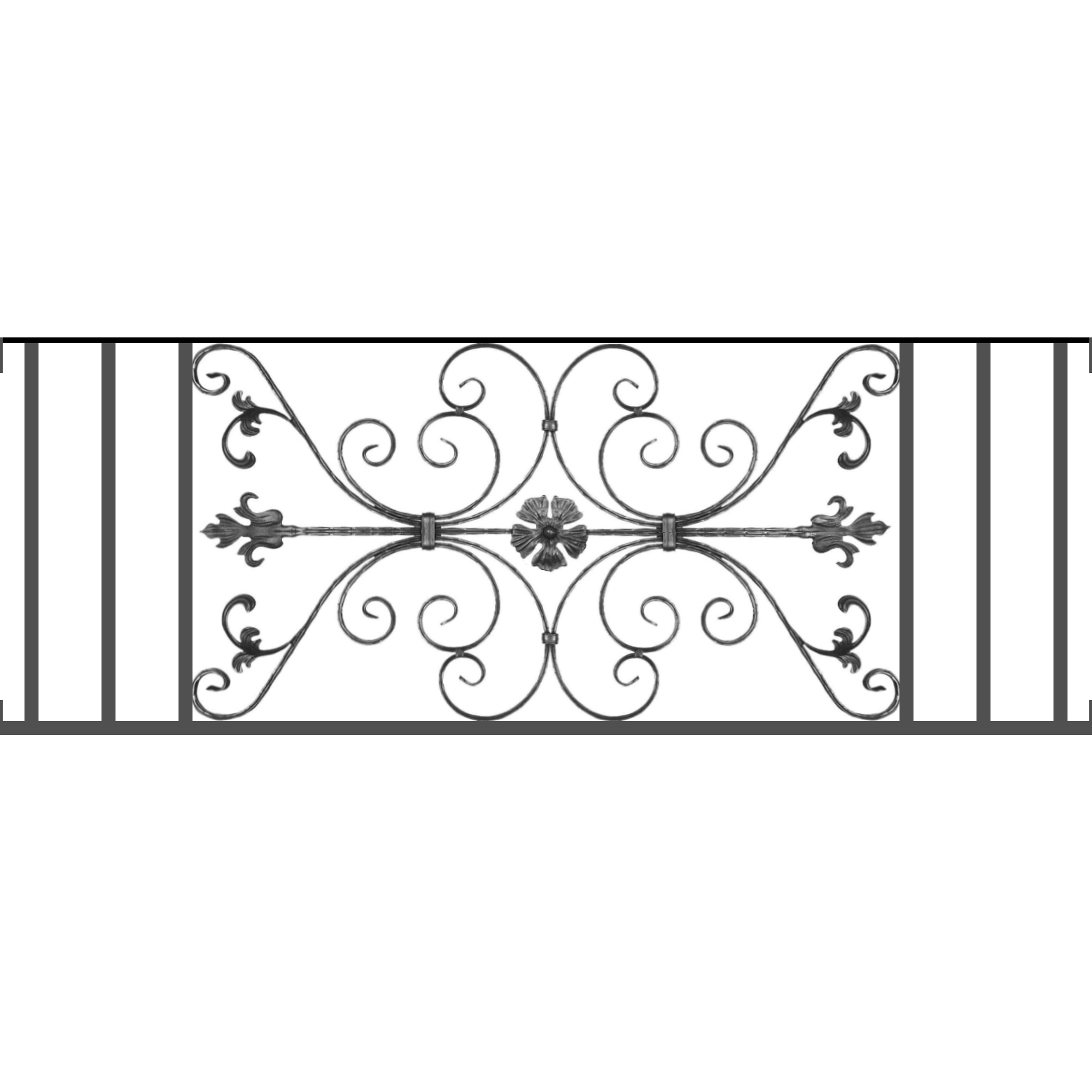 Appui de fenêtre type AF013 à visser dans votre tableau de fenêtre. Longueur finie de 1560mm et Hauteur finie de 568mm. Convient pour les tableaux de fenêtre de 1560mm. Main courante laminée de 1560mm de long en fer forgé sur le dessus. Motif au centre de 1010mm de long par 540mm de haut. Le reste de la structure est en tube acier carré de 20mm de section.