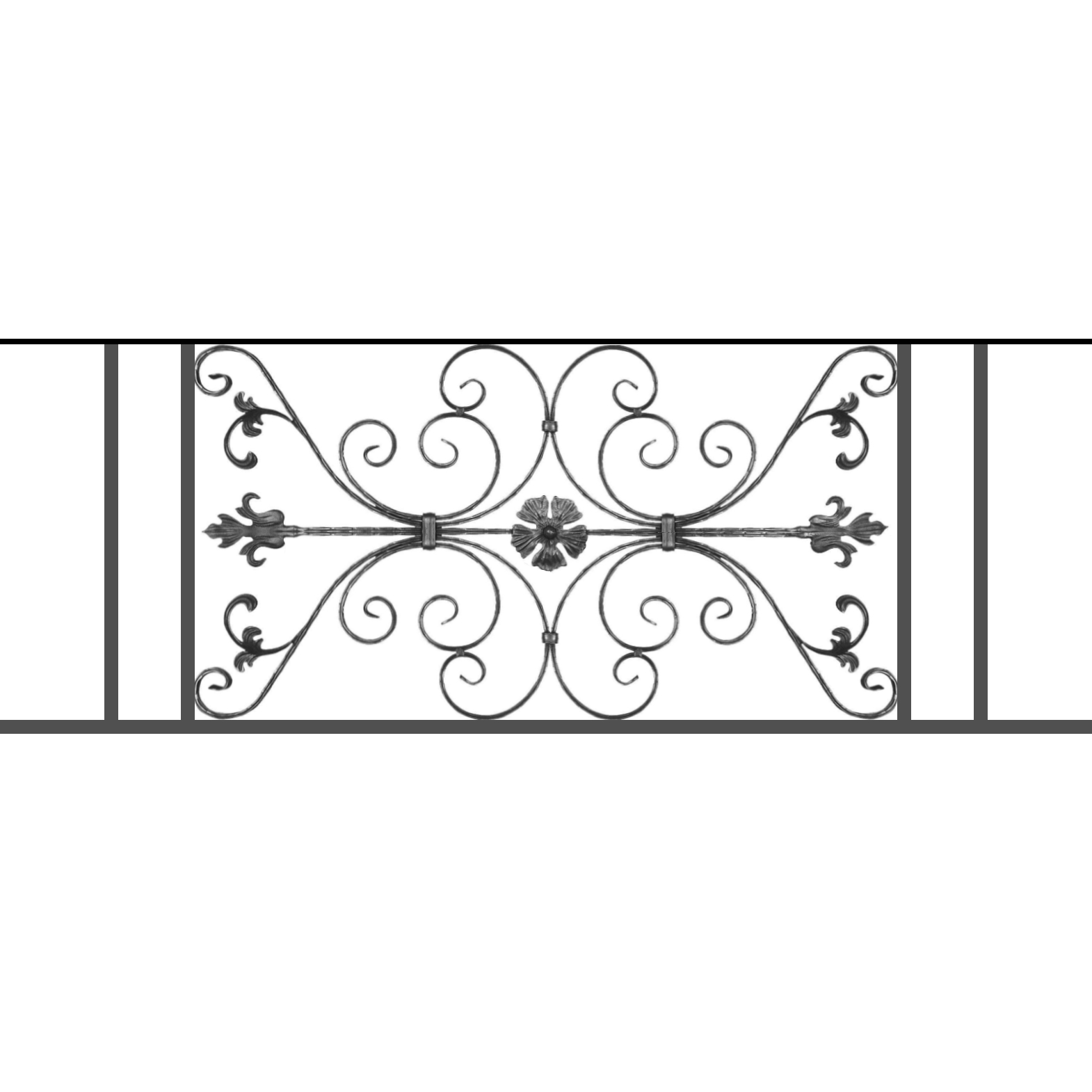 Appui de fenêtre type AF013 à sceller dans votre tableau de fenêtre. Longueur finie de 1570mm et Hauteur finie de 568mm. Convient pour les tableaux de fenêtre de 1470mm. 50mm de scellement sont prévue de chaque côté. Main courante laminée de 1470mm de long en fer forgé sur le dessus. Motif au centre de 1010mm de long par 540mm de haut. Le reste de la structure est en tube acier carré de 20mm de section.