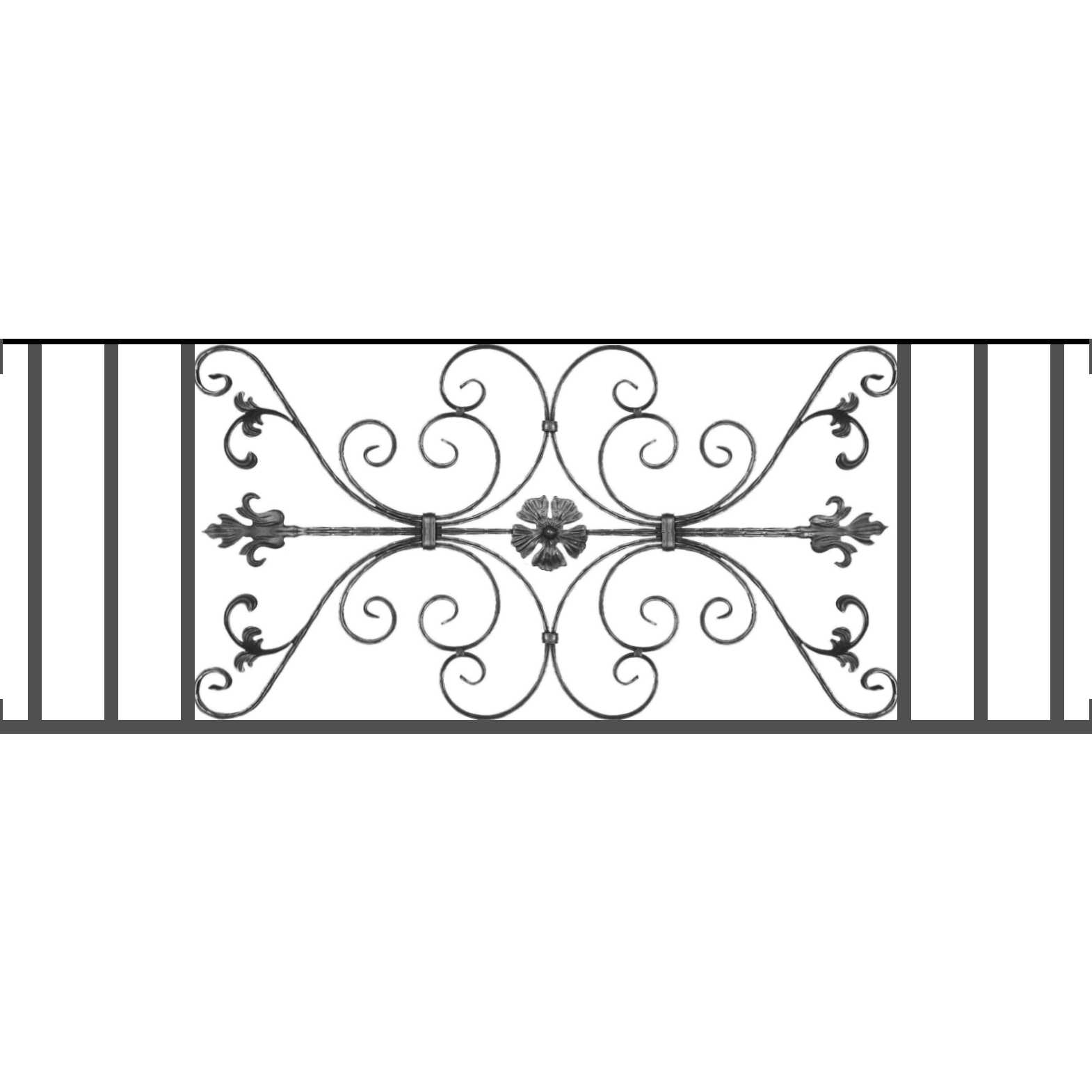 Appui de fenêtre type AF013 à visser dans votre tableau de fenêtre. Longueur finie de 1570mm et Hauteur finie de 568mm. Convient pour les tableaux de fenêtre de 1570mm. Main courante laminée de 1570mm de long en fer forgé sur le dessus. Motif au centre de 1010mm de long par 540mm de haut. Le reste de la structure est en tube acier carré de 20mm de section.