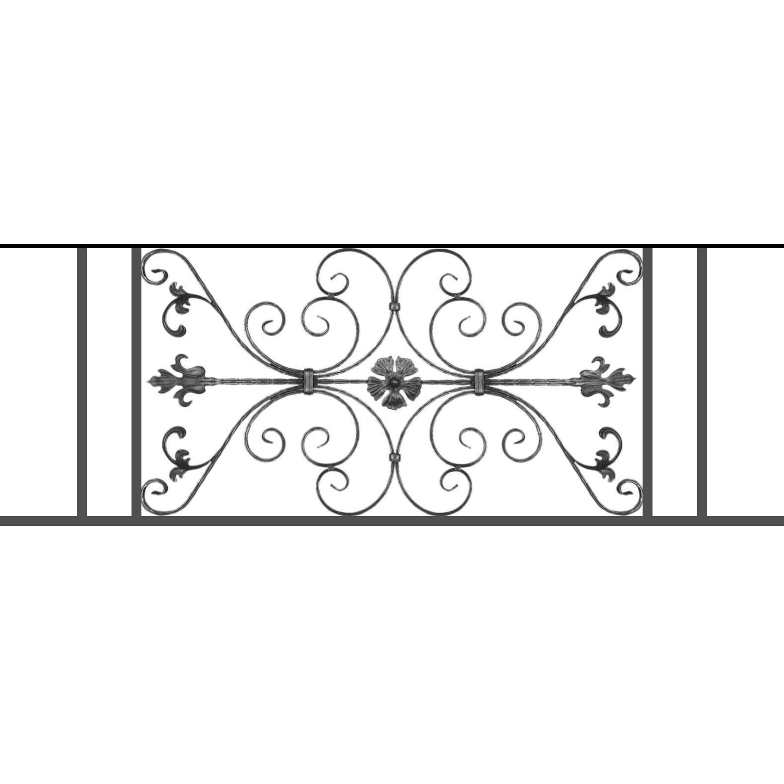 Appui de fenêtre type AF013 à sceller dans votre tableau de fenêtre. Longueur finie de 1580mm et Hauteur finie de 568mm. Convient pour les tableaux de fenêtre de 1480mm. 50mm de scellement sont prévue de chaque côté. Main courante laminée de 1480mm de long en fer forgé sur le dessus. Motif au centre de 1010mm de long par 540mm de haut. Le reste de la structure est en tube acier carré de 20mm de section.