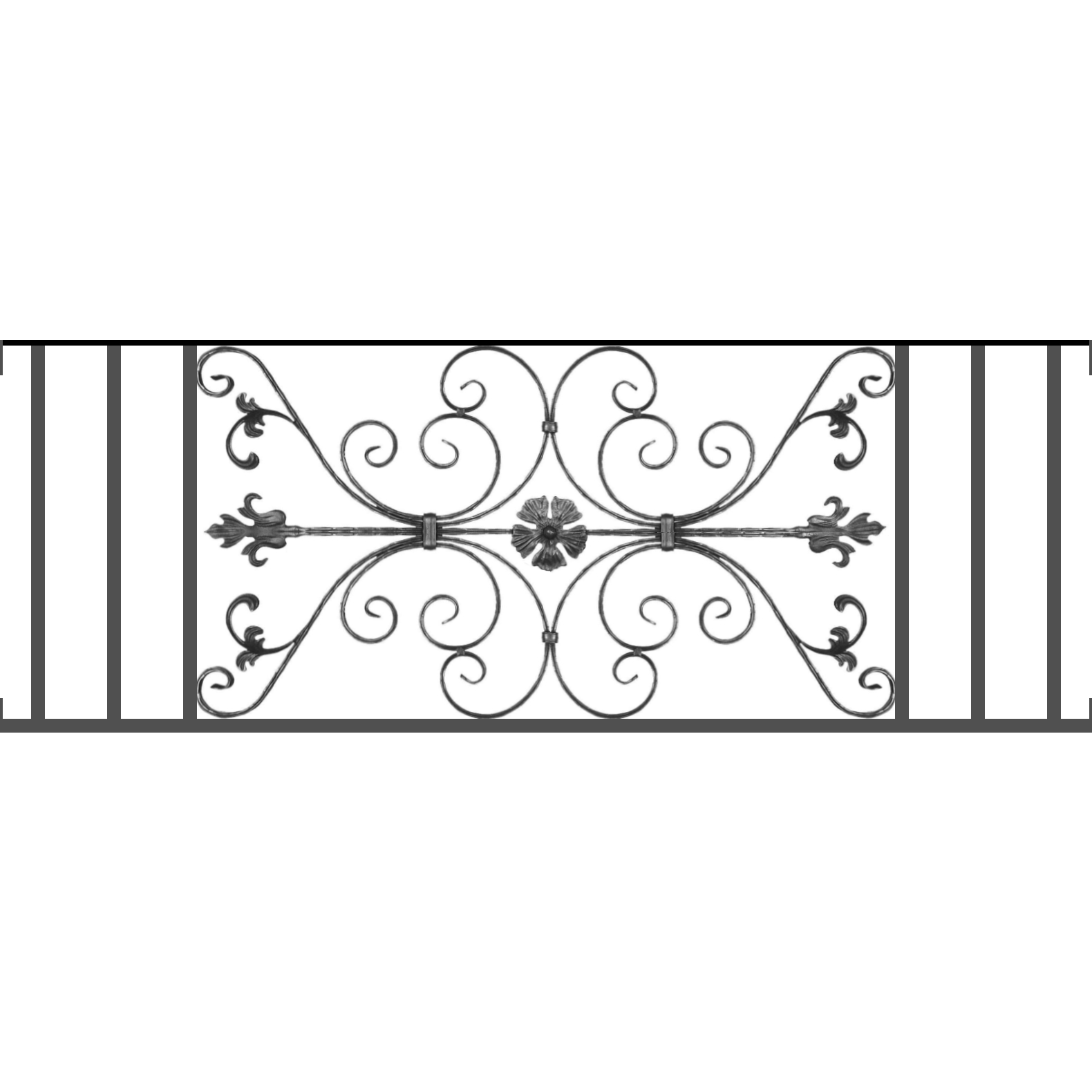 Appui de fenêtre type AF013 à visser dans votre tableau de fenêtre. Longueur finie de 1580mm et Hauteur finie de 568mm. Convient pour les tableaux de fenêtre de 1580mm. Main courante laminée de 1580mm de long en fer forgé sur le dessus. Motif au centre de 1010mm de long par 540mm de haut. Le reste de la structure est en tube acier carré de 20mm de section.