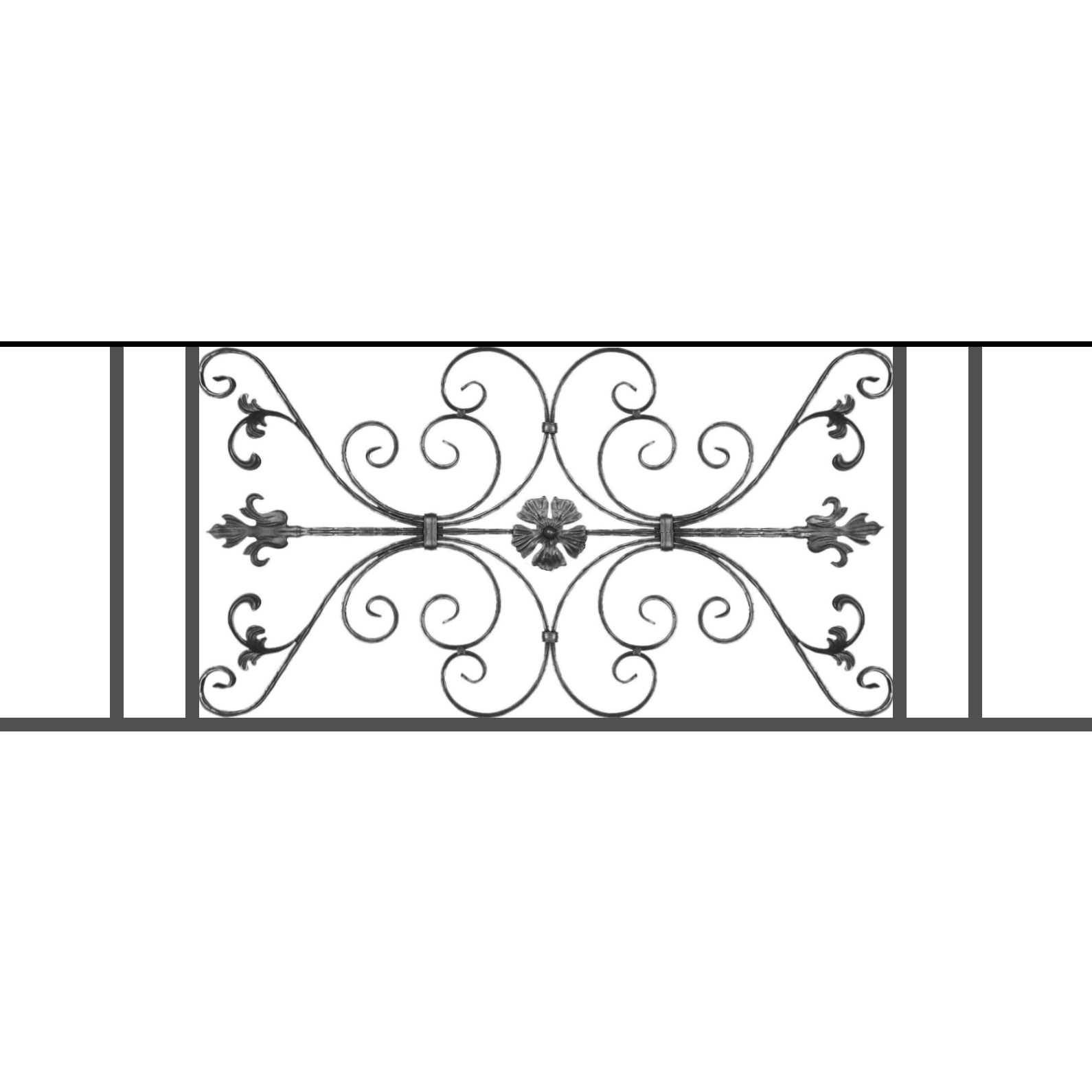 Appui de fenêtre type AF013 à sceller dans votre tableau de fenêtre. Longueur finie de 1590mm et Hauteur finie de 568mm. Convient pour les tableaux de fenêtre de 1490mm. 50mm de scellement sont prévue de chaque côté. Main courante laminée de 1490mm de long en fer forgé sur le dessus. Motif au centre de 1010mm de long par 540mm de haut. Le reste de la structure est en tube acier carré de 20mm de section.
