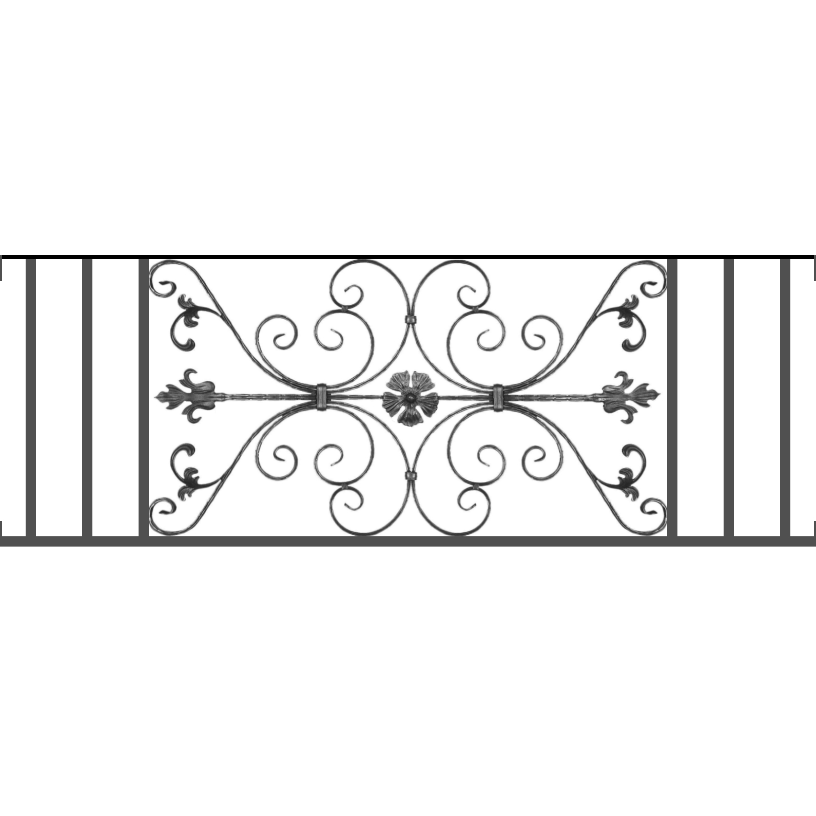 Appui de fenêtre type AF013 à visser dans votre tableau de fenêtre. Longueur finie de 1590mm et Hauteur finie de 568mm. Convient pour les tableaux de fenêtre de 1590mm. Main courante laminée de 1590mm de long en fer forgé sur le dessus. Motif au centre de 1010mm de long par 540mm de haut. Le reste de la structure est en tube acier carré de 20mm de section.