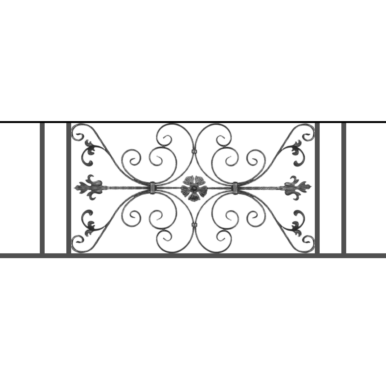 Appui de fenêtre type AF013 à sceller dans votre tableau de fenêtre. Longueur finie de 1600mm et Hauteur finie de 568mm. Convient pour les tableaux de fenêtre de 1500mm. 50mm de scellement sont prévue de chaque côté. Main courante laminée de 1500mm de long en fer forgé sur le dessus. Motif au centre de 1010mm de long par 540mm de haut. Le reste de la structure est en tube acier carré de 20mm de section.