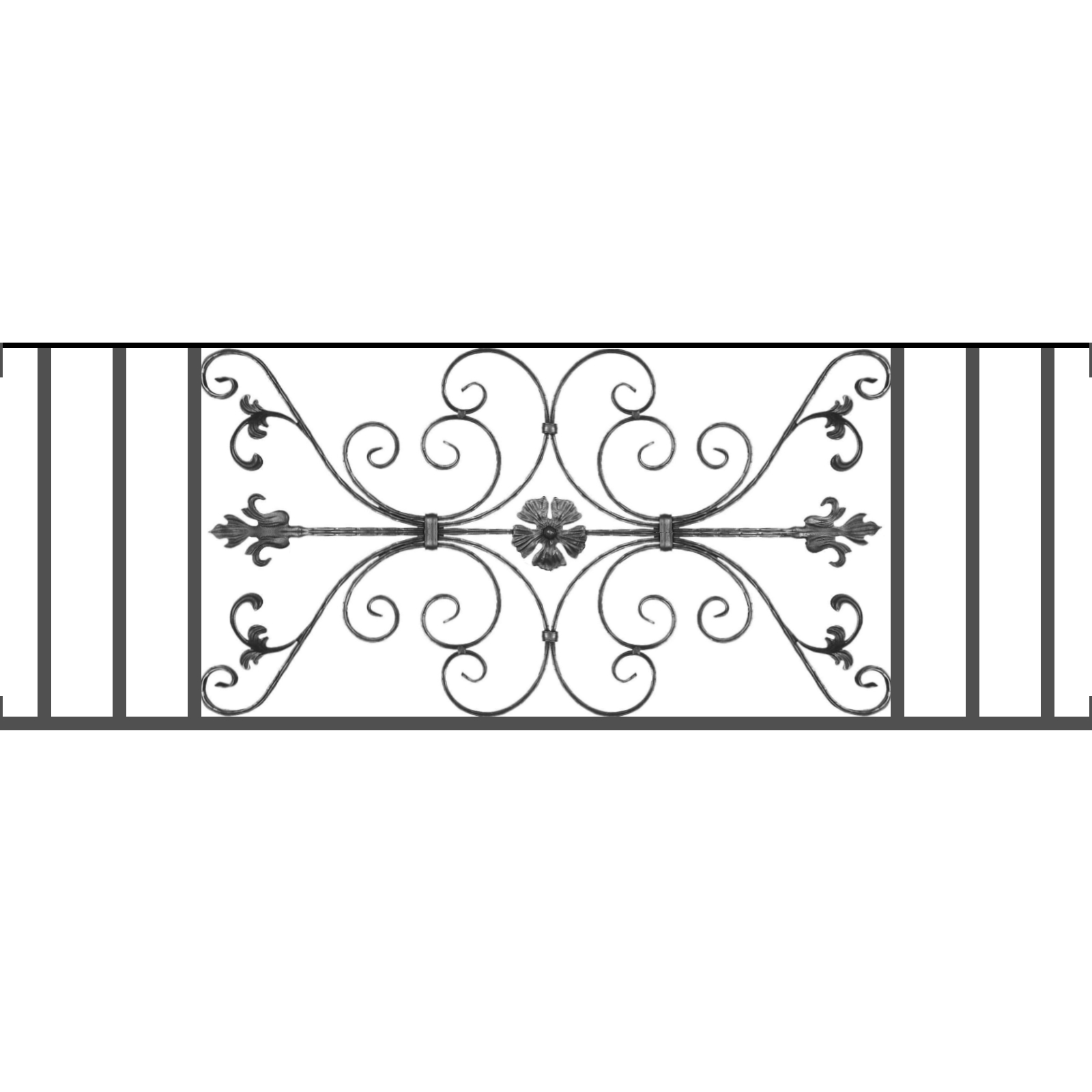 Appui de fenêtre type AF013 à visser dans votre tableau de fenêtre. Longueur finie de 1600mm et Hauteur finie de 568mm. Convient pour les tableaux de fenêtre de 1600mm. Main courante laminée de 1600mm de long en fer forgé sur le dessus. Motif au centre de 1010mm de long par 540mm de haut. Le reste de la structure est en tube acier carré de 20mm de section.