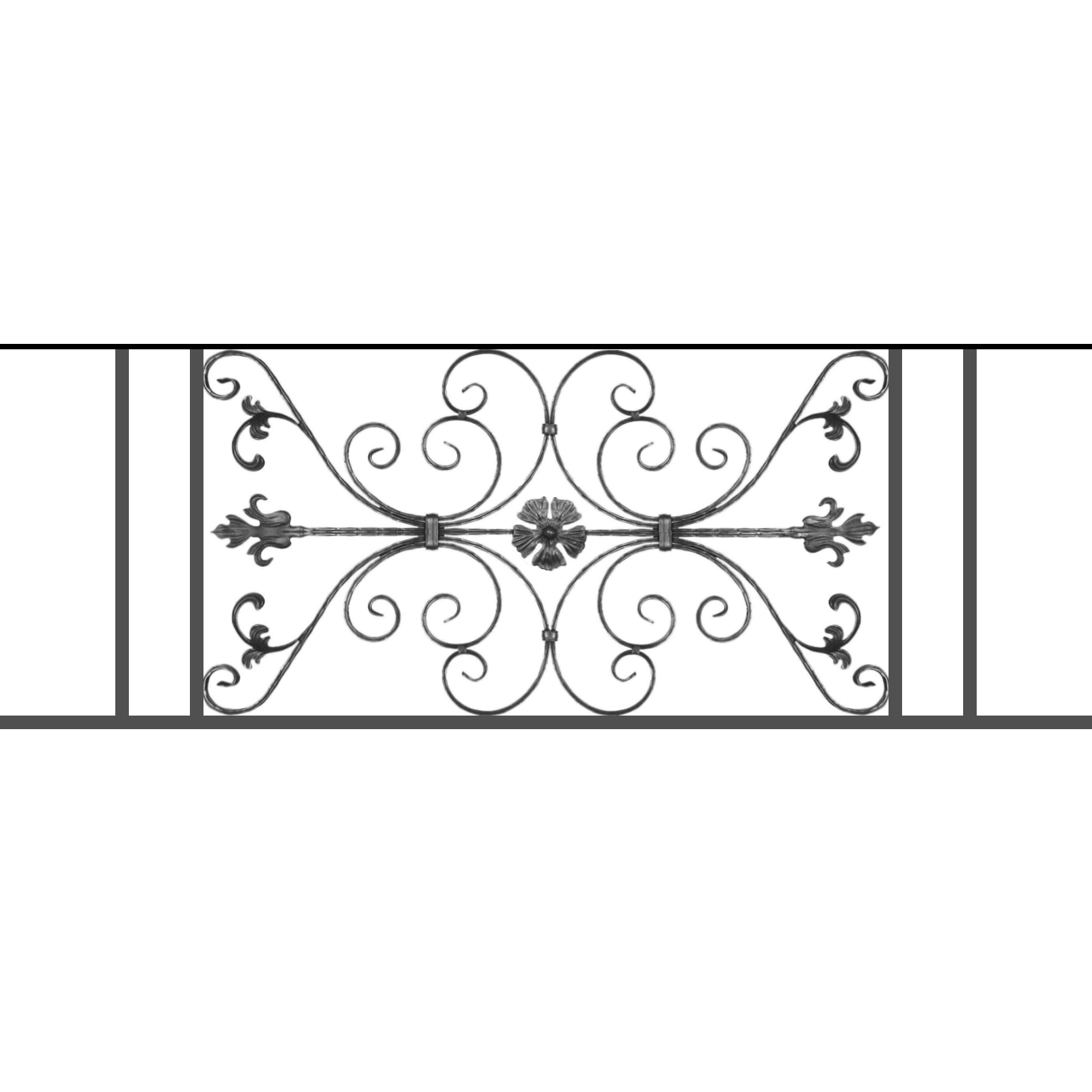 Appui de fenêtre type AF013 à sceller dans votre tableau de fenêtre. Longueur finie de 1610mm et Hauteur finie de 568mm. Convient pour les tableaux de fenêtre de 1510mm. 50mm de scellement sont prévue de chaque côté. Main courante laminée de 1510mm de long en fer forgé sur le dessus. Motif au centre de 1010mm de long par 540mm de haut. Le reste de la structure est en tube acier carré de 20mm de section.