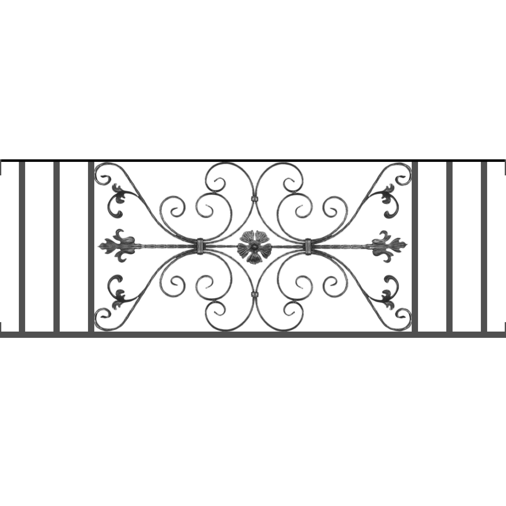 Appui de fenêtre type AF013 à visser dans votre tableau de fenêtre. Longueur finie de 1610mm et Hauteur finie de 568mm. Convient pour les tableaux de fenêtre de 1610mm. Main courante laminée de 1610mm de long en fer forgé sur le dessus. Motif au centre de 1010mm de long par 540mm de haut. Le reste de la structure est en tube acier carré de 20mm de section.