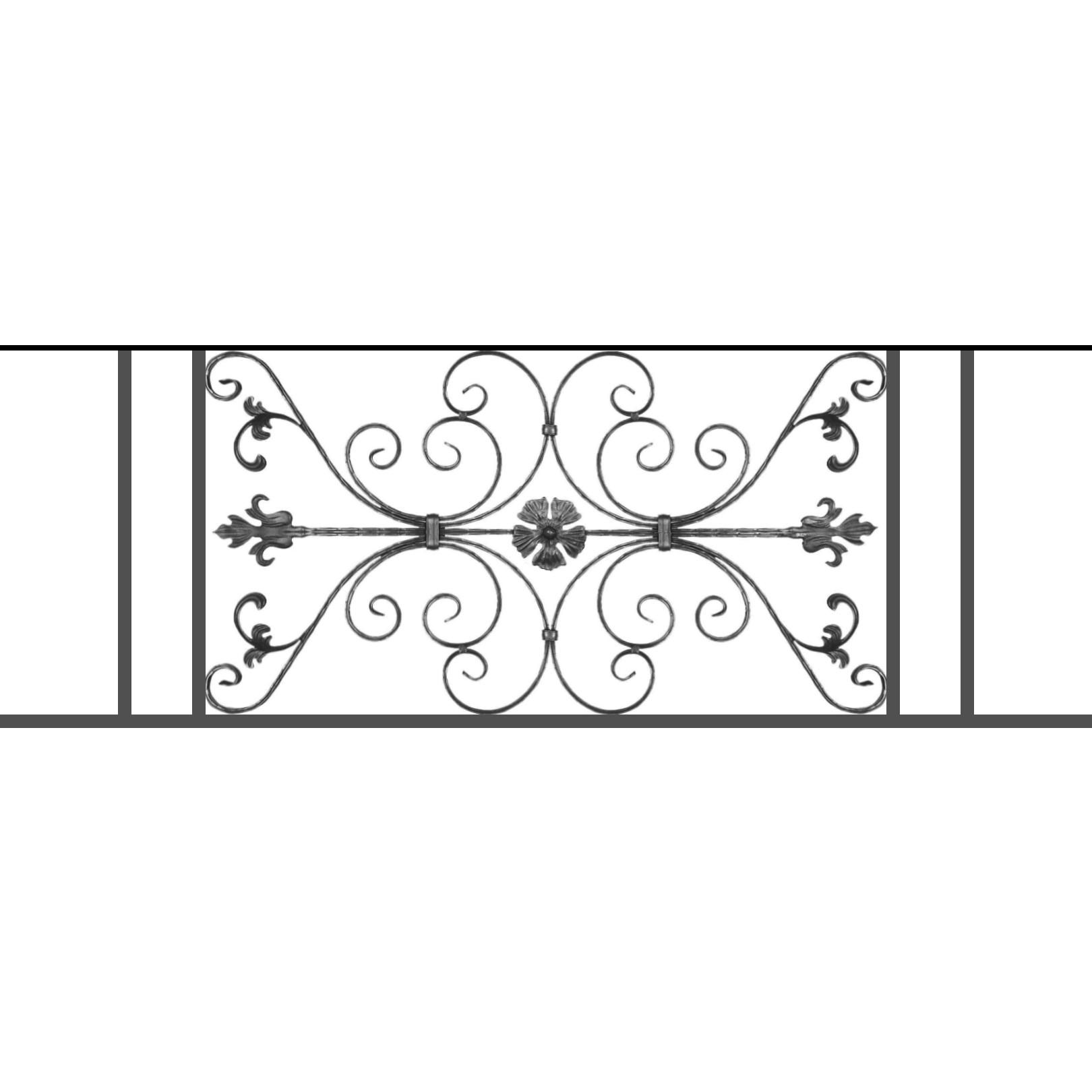 Appui de fenêtre type AF013 à sceller dans votre tableau de fenêtre. Longueur finie de 1620mm et Hauteur finie de 568mm. Convient pour les tableaux de fenêtre de 1520mm. 50mm de scellement sont prévue de chaque côté. Main courante laminée de 1520mm de long en fer forgé sur le dessus. Motif au centre de 1010mm de long par 540mm de haut. Le reste de la structure est en tube acier carré de 20mm de section.