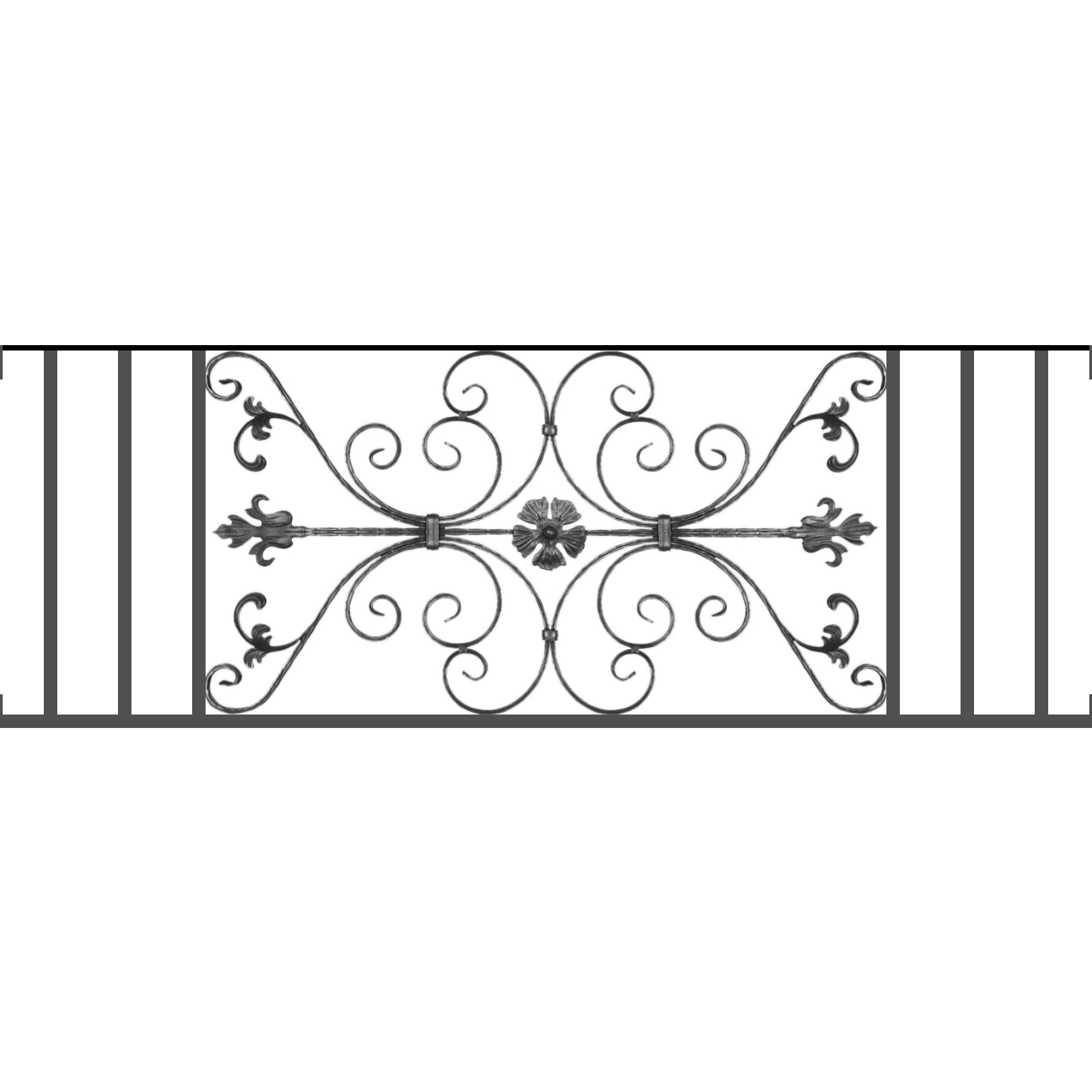 Appui de fenêtre type AF013 à visser dans votre tableau de fenêtre. Longueur finie de 1620mm et Hauteur finie de 568mm. Convient pour les tableaux de fenêtre de 1620mm. Main courante laminée de 1620mm de long en fer forgé sur le dessus. Motif au centre de 1010mm de long par 540mm de haut. Le reste de la structure est en tube acier carré de 20mm de section.