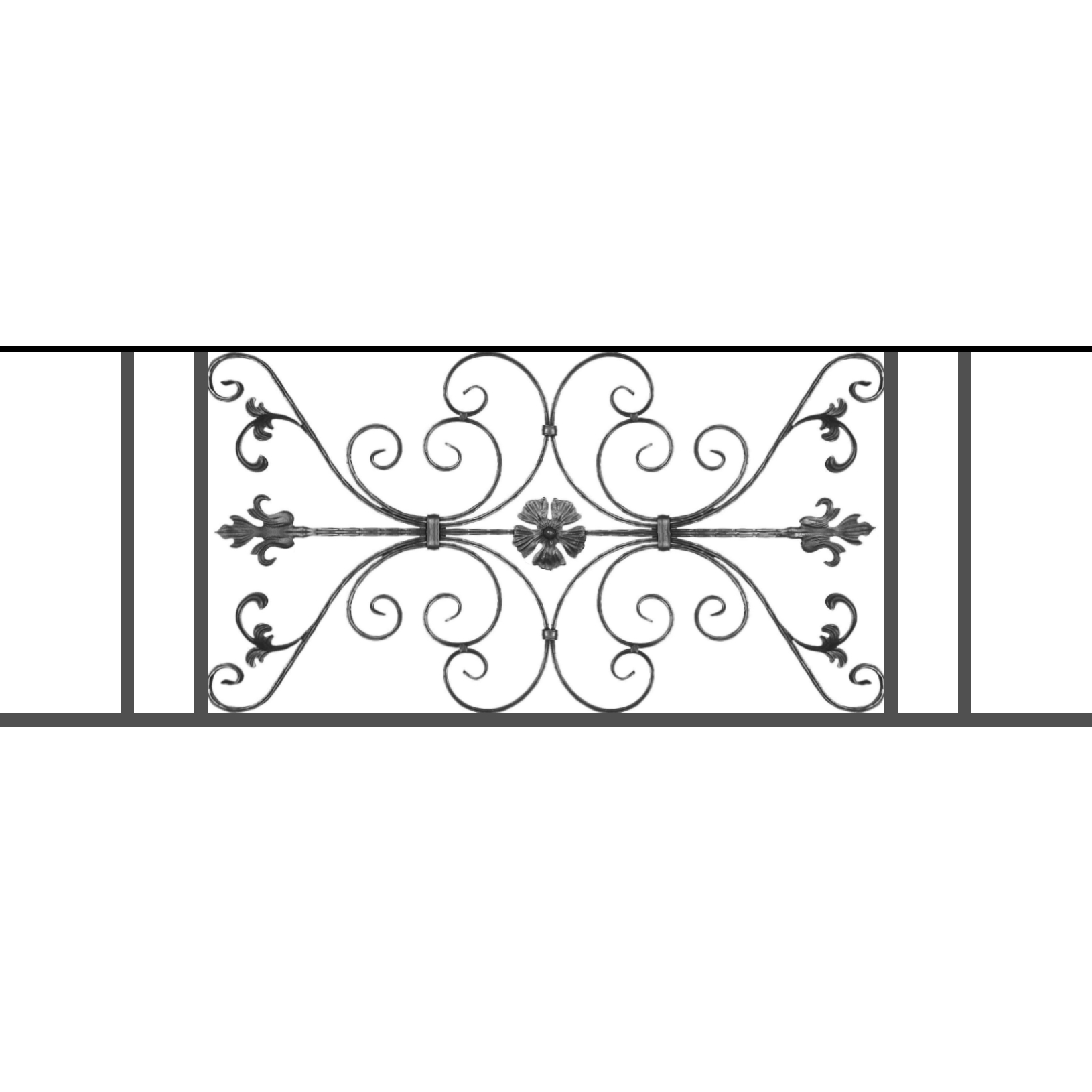 Appui de fenêtre type AF013 à sceller dans votre tableau de fenêtre. Longueur finie de 1630mm et Hauteur finie de 568mm. Convient pour les tableaux de fenêtre de 1530mm. 50mm de scellement sont prévue de chaque côté. Main courante laminée de 1530mm de long en fer forgé sur le dessus. Motif au centre de 1010mm de long par 540mm de haut. Le reste de la structure est en tube acier carré de 20mm de section.