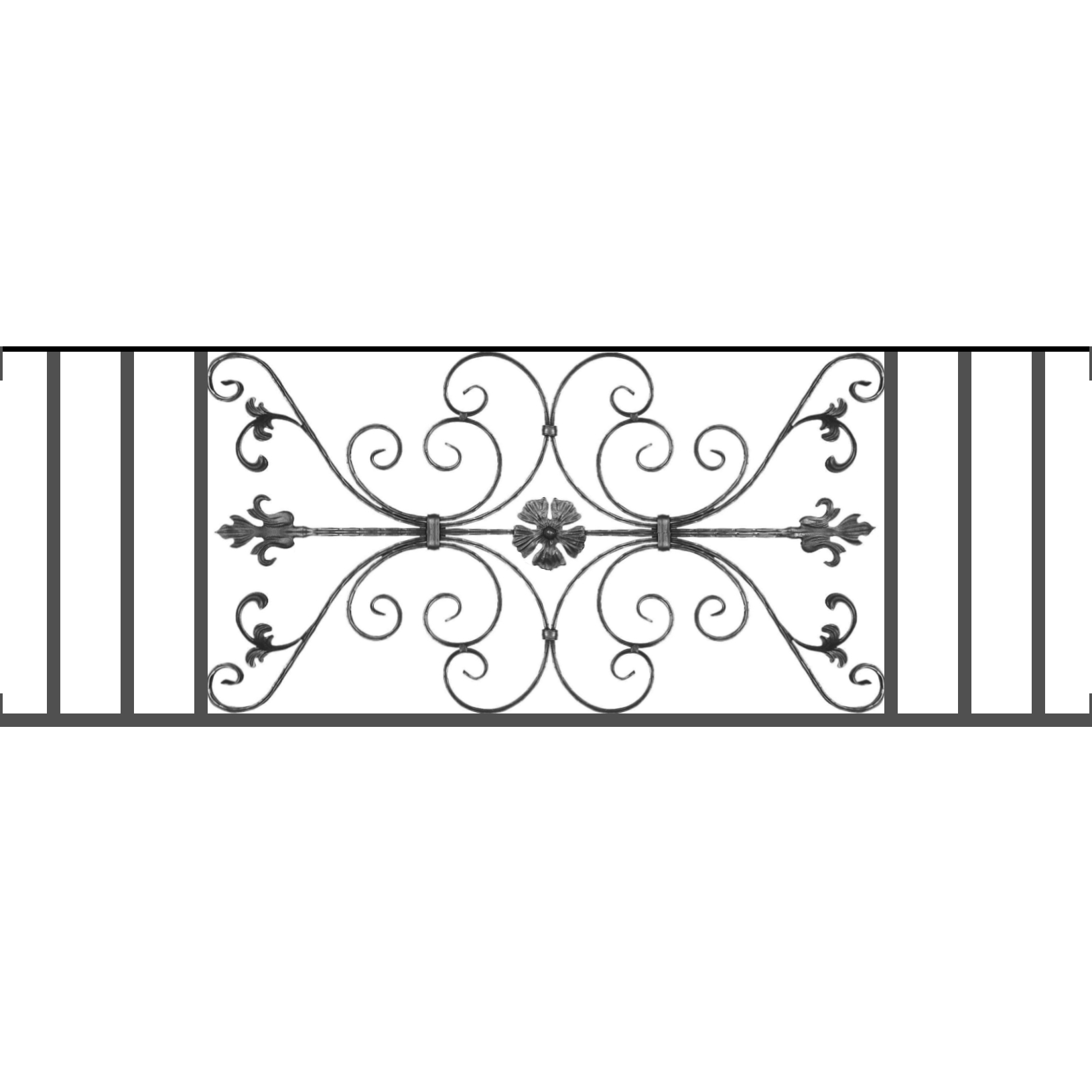 Appui de fenêtre type AF013 à visser dans votre tableau de fenêtre. Longueur finie de 1630mm et Hauteur finie de 568mm. Convient pour les tableaux de fenêtre de 1630mm. Main courante laminée de 1630mm de long en fer forgé sur le dessus. Motif au centre de 1010mm de long par 540mm de haut. Le reste de la structure est en tube acier carré de 20mm de section.