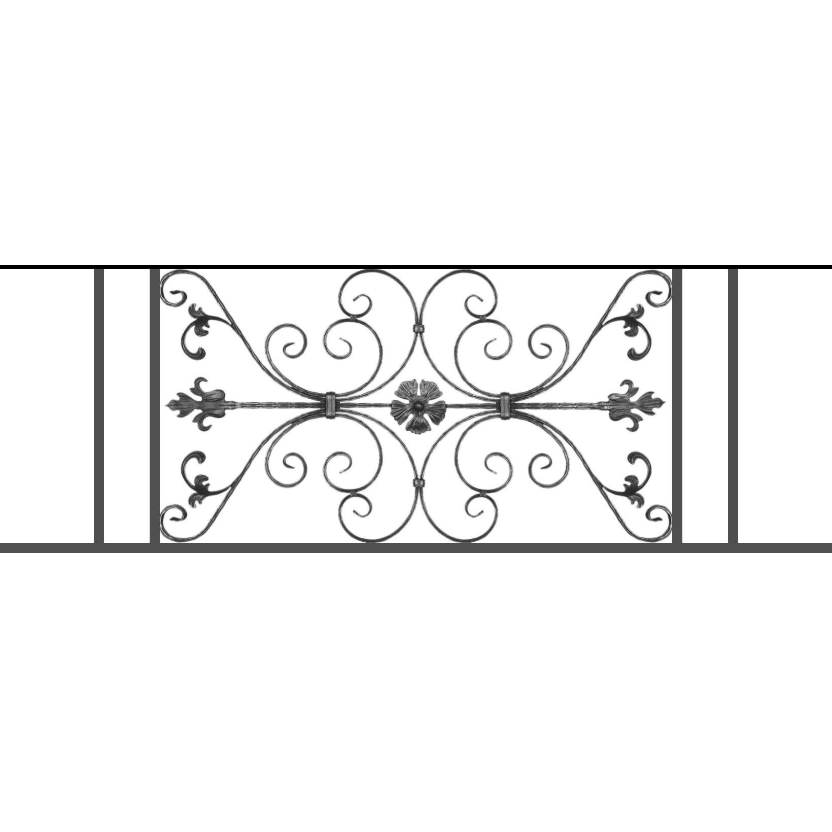 Appui de fenêtre type AF013 à sceller dans votre tableau de fenêtre. Longueur finie de 1640mm et Hauteur finie de 568mm. Convient pour les tableaux de fenêtre de 1540mm. 50mm de scellement sont prévue de chaque côté. Main courante laminée de 1540mm de long en fer forgé sur le dessus. Motif au centre de 1010mm de long par 540mm de haut. Le reste de la structure est en tube acier carré de 20mm de section.