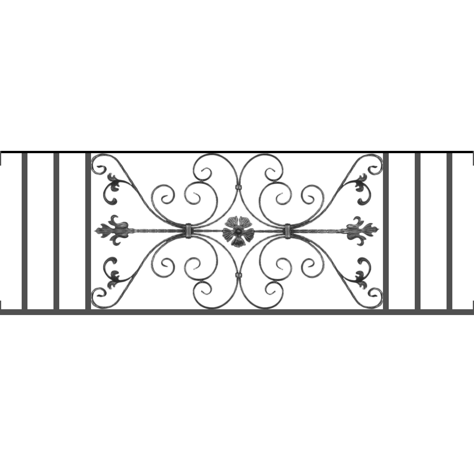 Appui de fenêtre type AF013 à visser dans votre tableau de fenêtre. Longueur finie de 1640mm et Hauteur finie de 568mm. Convient pour les tableaux de fenêtre de 1640mm. Main courante laminée de 1640mm de long en fer forgé sur le dessus. Motif au centre de 1010mm de long par 540mm de haut. Le reste de la structure est en tube acier carré de 20mm de section.