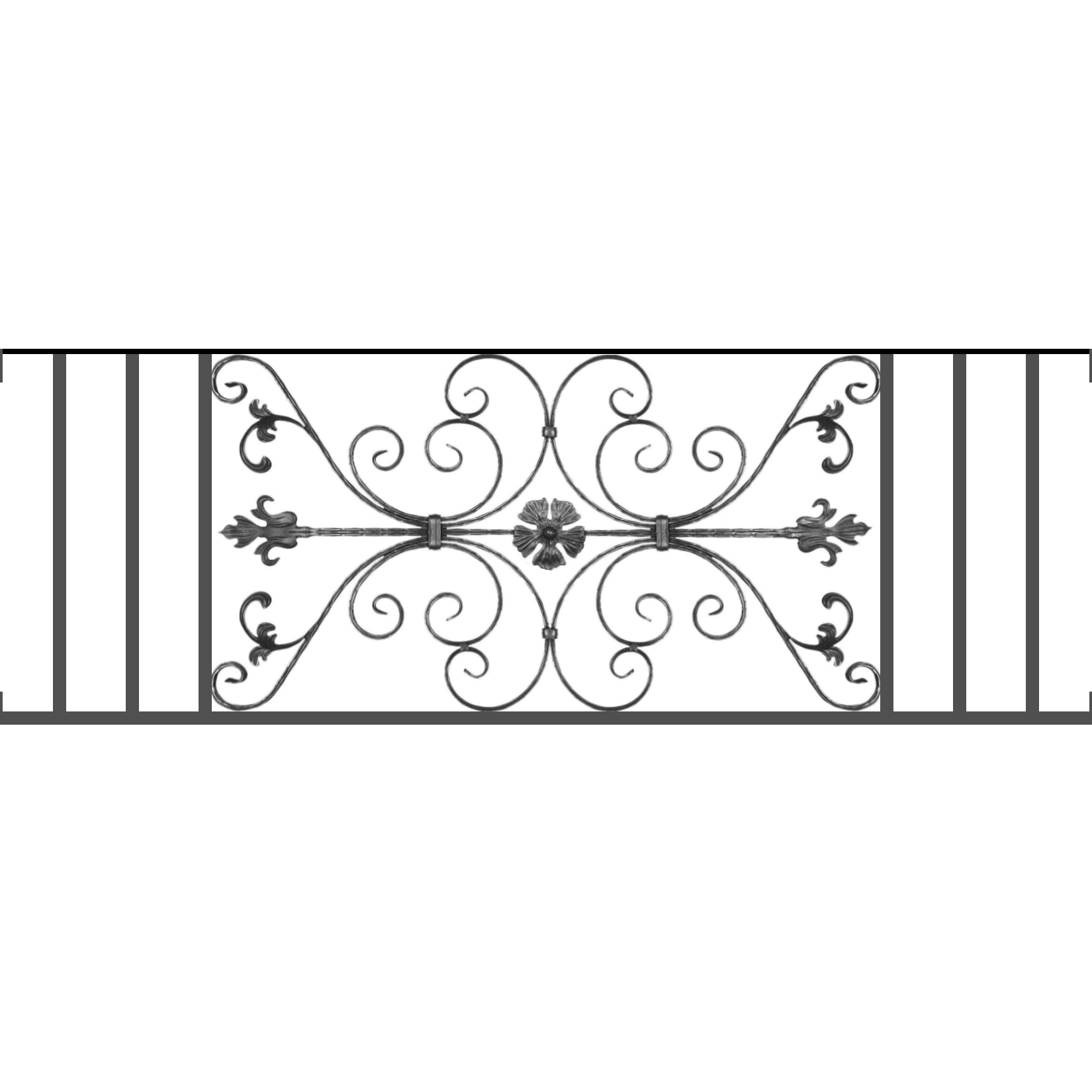 Appui de fenêtre type AF013 à visser dans votre tableau de fenêtre. Longueur finie de 1650mm et Hauteur finie de 568mm. Convient pour les tableaux de fenêtre de 1650mm. Main courante laminée de 1650mm de long en fer forgé sur le dessus. Motif au centre de 1010mm de long par 540mm de haut. Le reste de la structure est en tube acier carré de 20mm de section.