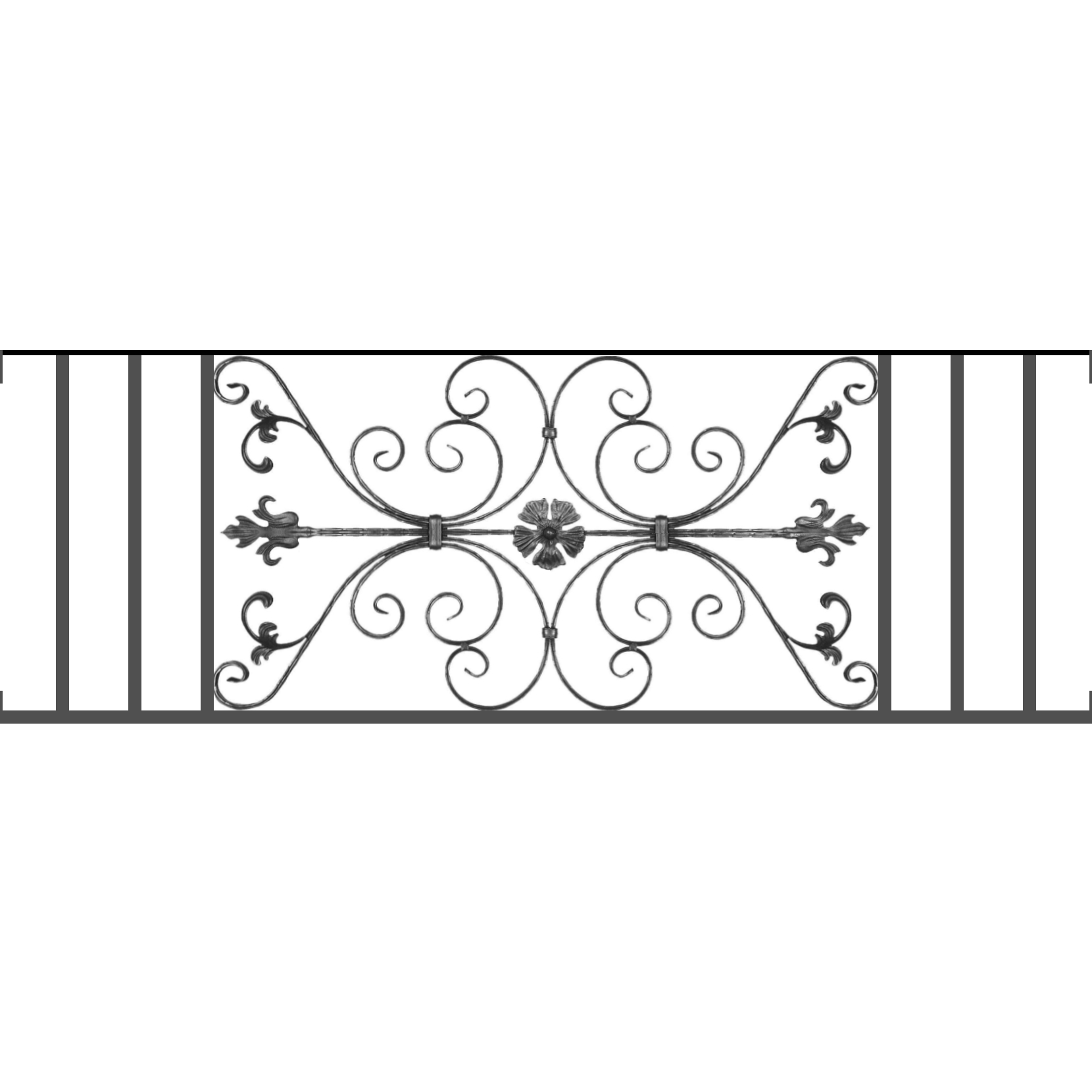 Appui de fenêtre type AF013 à visser dans votre tableau de fenêtre. Longueur finie de 1660mm et Hauteur finie de 568mm. Convient pour les tableaux de fenêtre de 1660mm. Main courante laminée de 1660mm de long en fer forgé sur le dessus. Motif au centre de 1010mm de long par 540mm de haut. Le reste de la structure est en tube acier carré de 20mm de section.