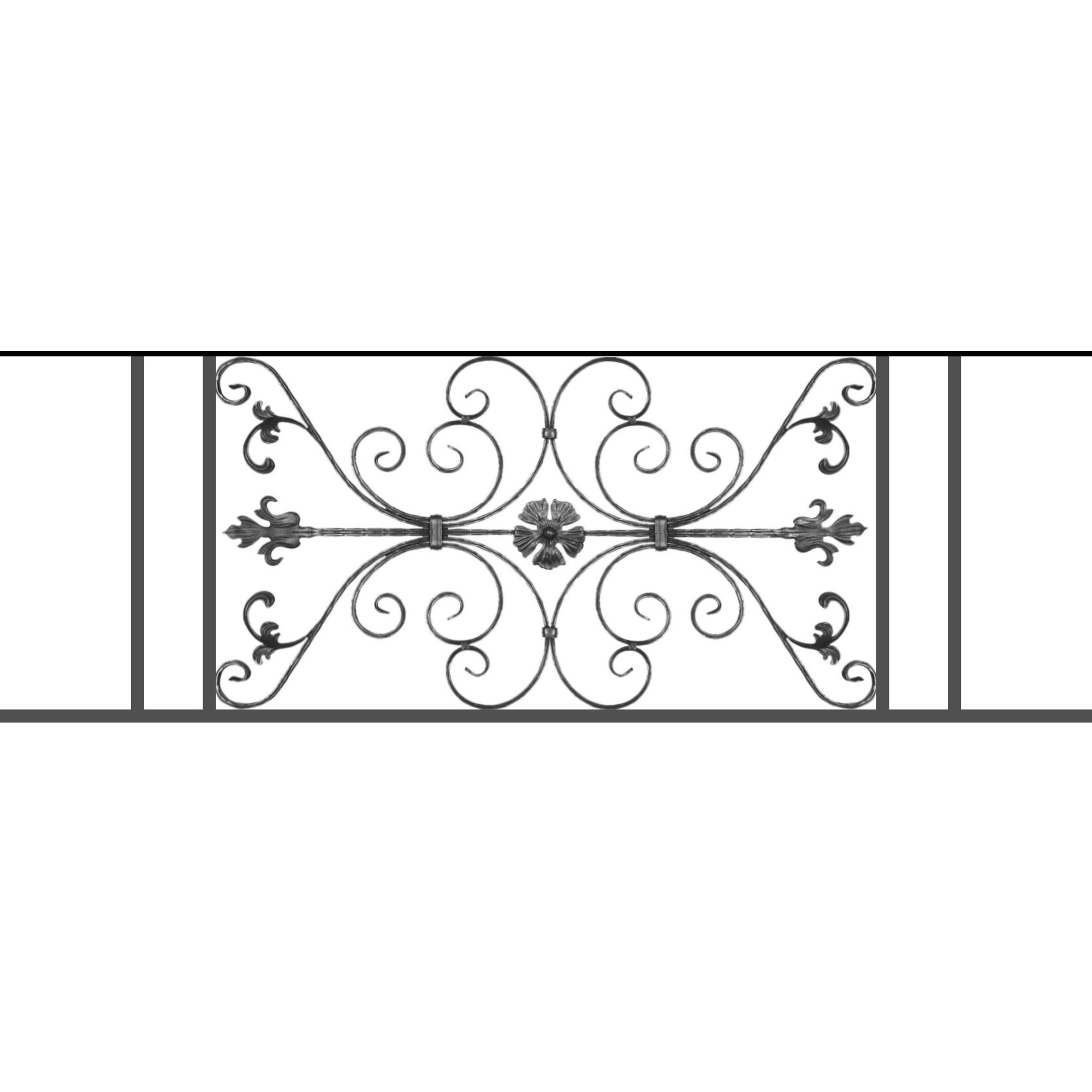 Appui de fenêtre type AF013 à sceller dans votre tableau de fenêtre. Longueur finie de 1670mm et Hauteur finie de 568mm. Convient pour les tableaux de fenêtre de 1570mm. 50mm de scellement sont prévue de chaque côté. Main courante laminée de 1570mm de long en fer forgé sur le dessus. Motif au centre de 1010mm de long par 540mm de haut. Le reste de la structure est en tube acier carré de 20mm de section.