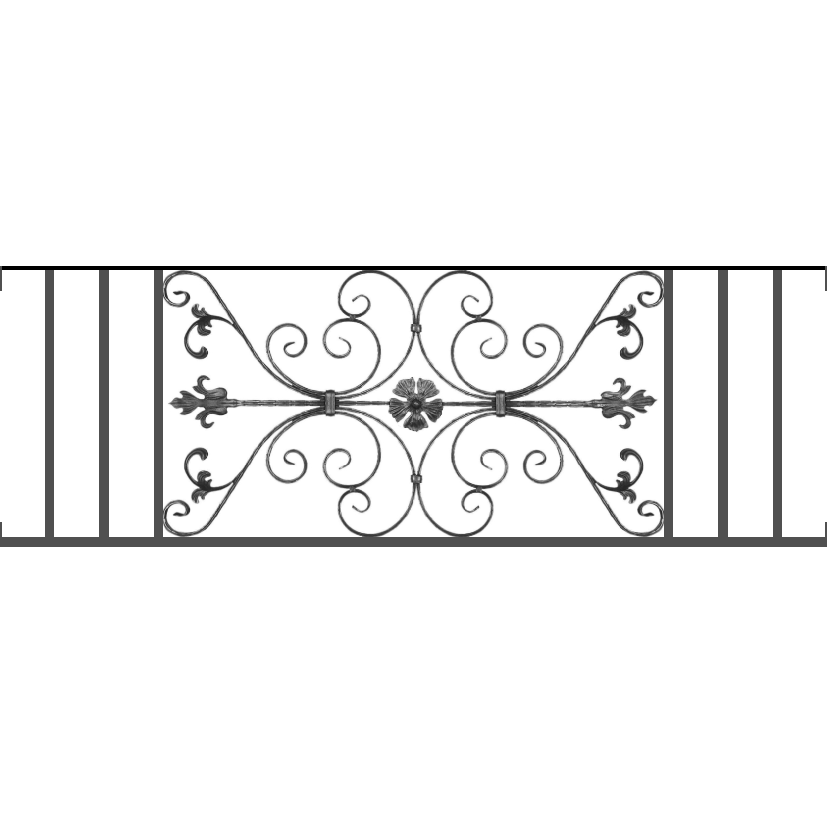 Appui de fenêtre type AF013 à visser dans votre tableau de fenêtre. Longueur finie de 1670mm et Hauteur finie de 568mm. Convient pour les tableaux de fenêtre de 1670mm. Main courante laminée de 1670mm de long en fer forgé sur le dessus. Motif au centre de 1010mm de long par 540mm de haut. Le reste de la structure est en tube acier carré de 20mm de section.