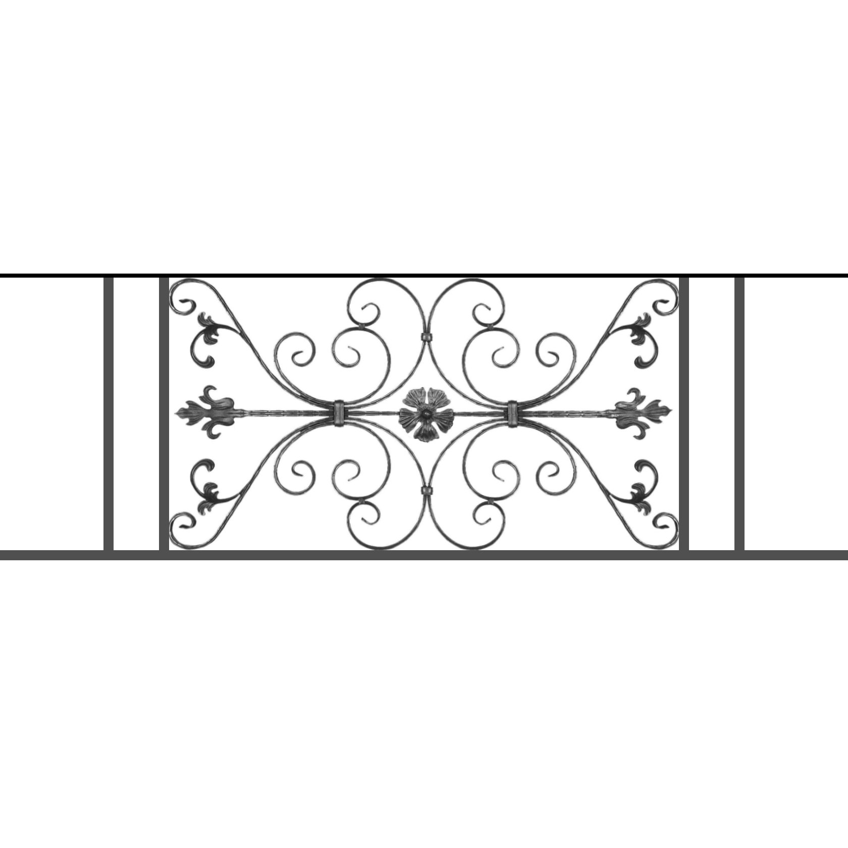 Appui de fenêtre type AF013 à sceller dans votre tableau de fenêtre. Longueur finie de 1680mm et Hauteur finie de 568mm. Convient pour les tableaux de fenêtre de 1580mm. 50mm de scellement sont prévue de chaque côté. Main courante laminée de 1580mm de long en fer forgé sur le dessus. Motif au centre de 1010mm de long par 540mm de haut. Le reste de la structure est en tube acier carré de 20mm de section.