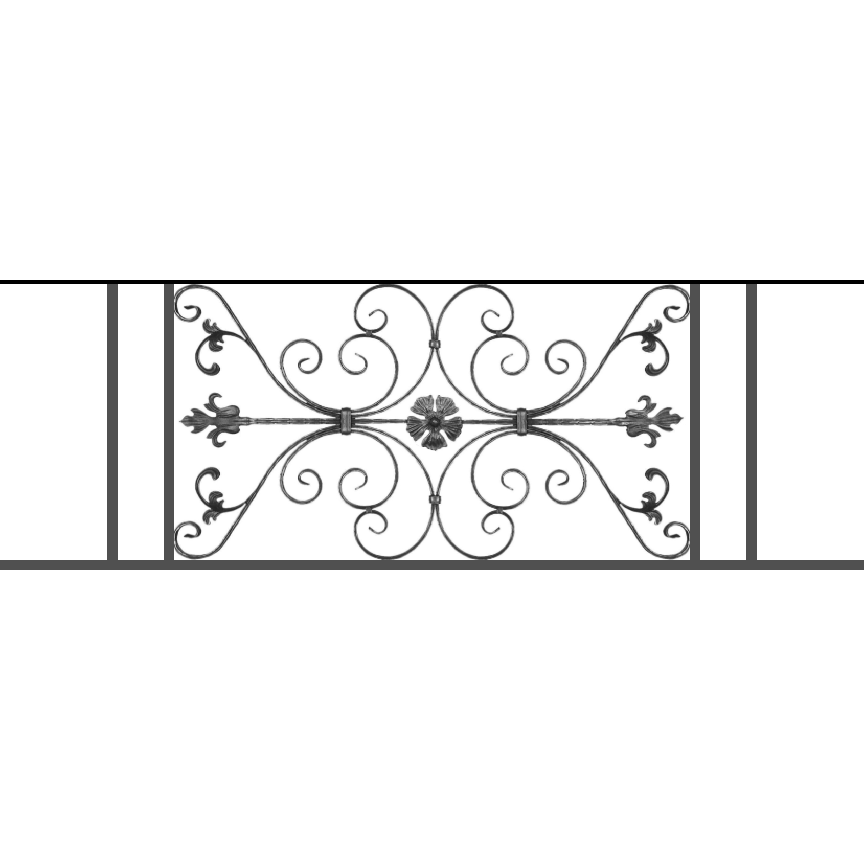 Appui de fenêtre type AF013 à sceller dans votre tableau de fenêtre. Longueur finie de 1690mm et Hauteur finie de 568mm. Convient pour les tableaux de fenêtre de 1590mm. 50mm de scellement sont prévue de chaque côté. Main courante laminée de 1590mm de long en fer forgé sur le dessus. Motif au centre de 1010mm de long par 540mm de haut. Le reste de la structure est en tube acier carré de 20mm de section.