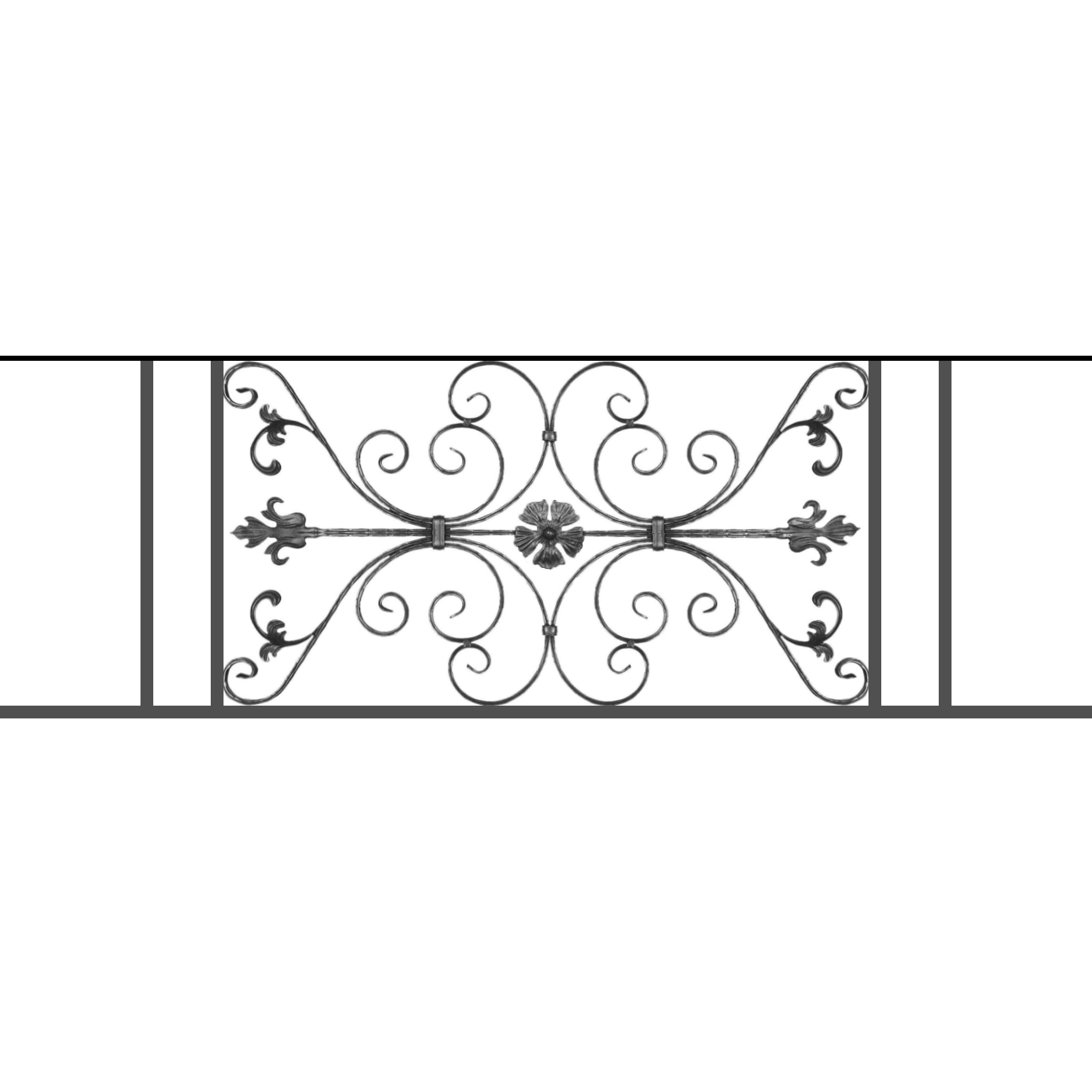 Appui de fenêtre type AF013 à sceller dans votre tableau de fenêtre. Longueur finie de 1710mm et Hauteur finie de 568mm. Convient pour les tableaux de fenêtre de 1610mm. 50mm de scellement sont prévue de chaque côté. Main courante laminée de 1610mm de long en fer forgé sur le dessus. Motif au centre de 1010mm de long par 540mm de haut. Le reste de la structure est en tube acier carré de 20mm de section.