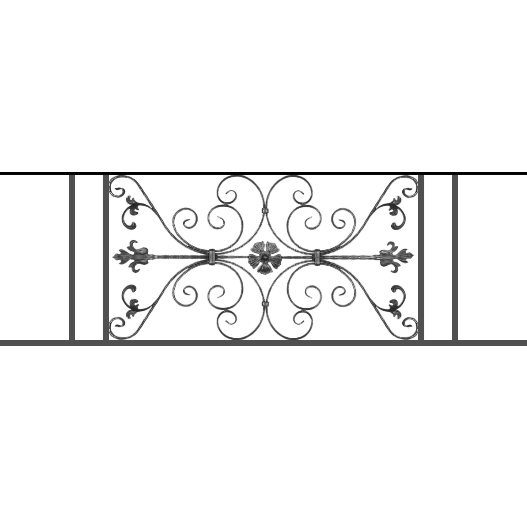 Appui de fenêtre type AF013 à sceller dans votre tableau de fenêtre. Longueur finie de 1720mm et Hauteur finie de 568mm. Convient pour les tableaux de fenêtre de 1620mm. 50mm de scellement sont prévue de chaque côté. Main courante laminée de 1620mm de long en fer forgé sur le dessus. Motif au centre de 1010mm de long par 540mm de haut. Le reste de la structure est en tube acier carré de 20mm de section.