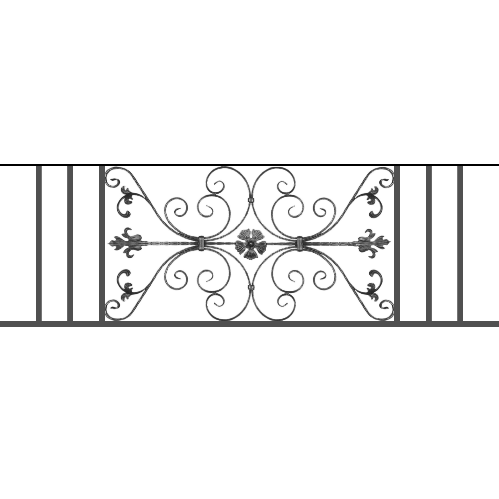 Appui de fenêtre type AF013 à sceller dans votre tableau de fenêtre. Longueur finie de 1740mm et Hauteur finie de 568mm. Convient pour les tableaux de fenêtre de 1640mm. 50mm de scellement sont prévue de chaque côté. Main courante laminée de 1640mm de long en fer forgé sur le dessus. Motif au centre de 1010mm de long par 540mm de haut. Le reste de la structure est en tube acier carré de 20mm de section.