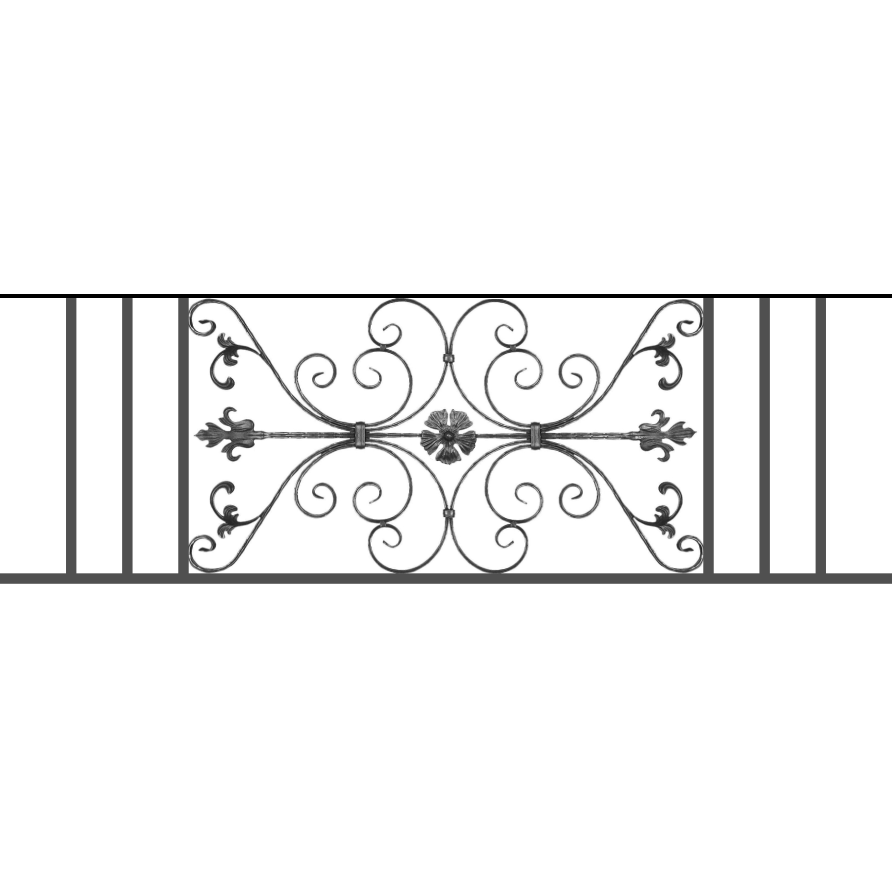 Appui de fenêtre type AF013 à sceller dans votre tableau de fenêtre. Longueur finie de 1750mm et Hauteur finie de 568mm. Convient pour les tableaux de fenêtre de 1650mm. 50mm de scellement sont prévue de chaque côté. Main courante laminée de 1650mm de long en fer forgé sur le dessus. Motif au centre de 1010mm de long par 540mm de haut. Le reste de la structure est en tube acier carré de 20mm de section.