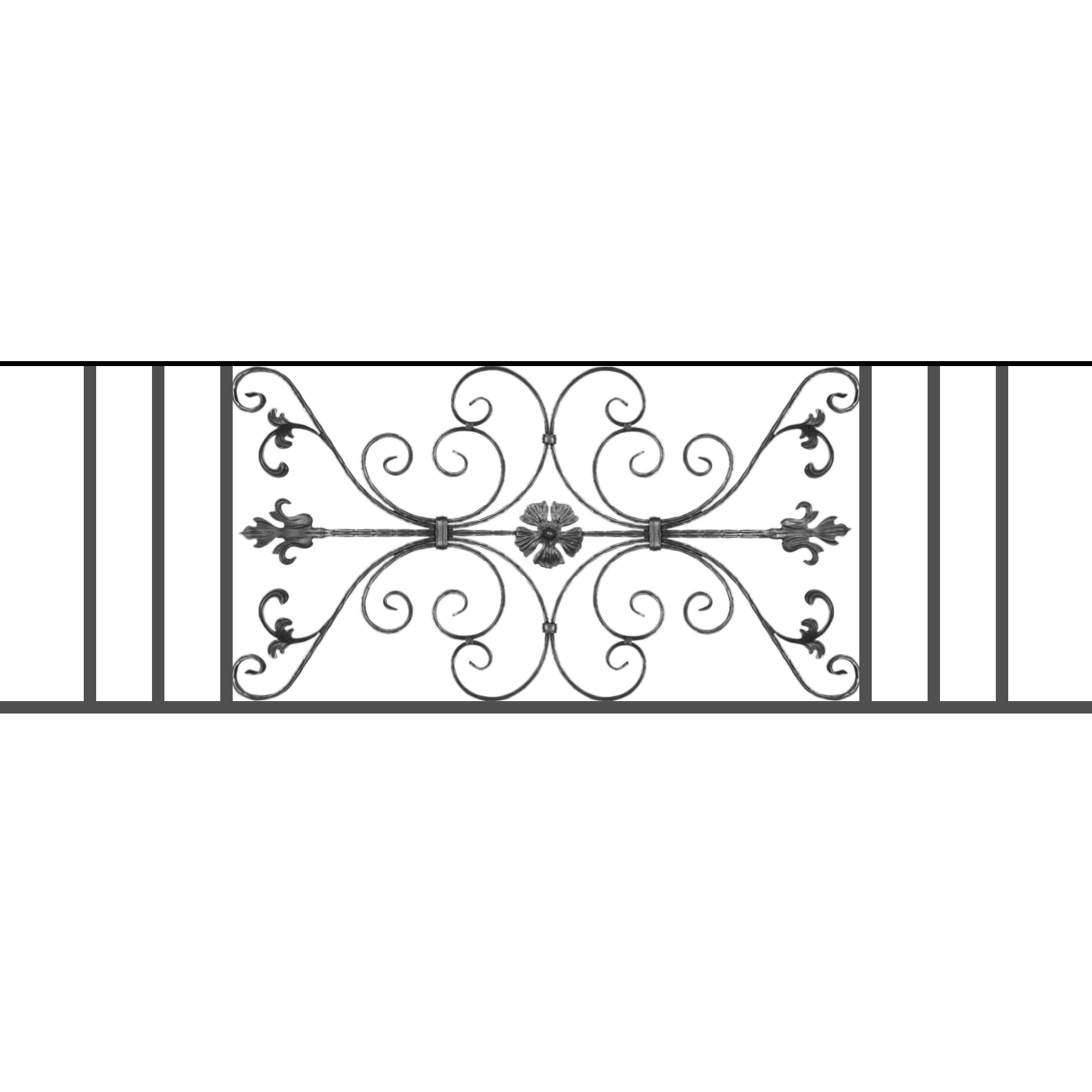 Appui de fenêtre type AF013 à sceller dans votre tableau de fenêtre. Longueur finie de 1760mm et Hauteur finie de 568mm. Convient pour les tableaux de fenêtre de 1660mm. 50mm de scellement sont prévue de chaque côté. Main courante laminée de 1660mm de long en fer forgé sur le dessus. Motif au centre de 1010mm de long par 540mm de haut. Le reste de la structure est en tube acier carré de 20mm de section.