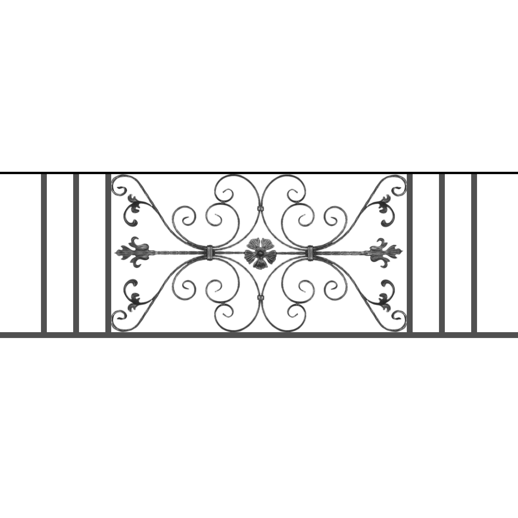 Appui de fenêtre type AF013 à sceller dans votre tableau de fenêtre. Longueur finie de 1770mm et Hauteur finie de 568mm. Convient pour les tableaux de fenêtre de 1670mm. 50mm de scellement sont prévue de chaque côté. Main courante laminée de 1670mm de long en fer forgé sur le dessus. Motif au centre de 1010mm de long par 540mm de haut. Le reste de la structure est en tube acier carré de 20mm de section.