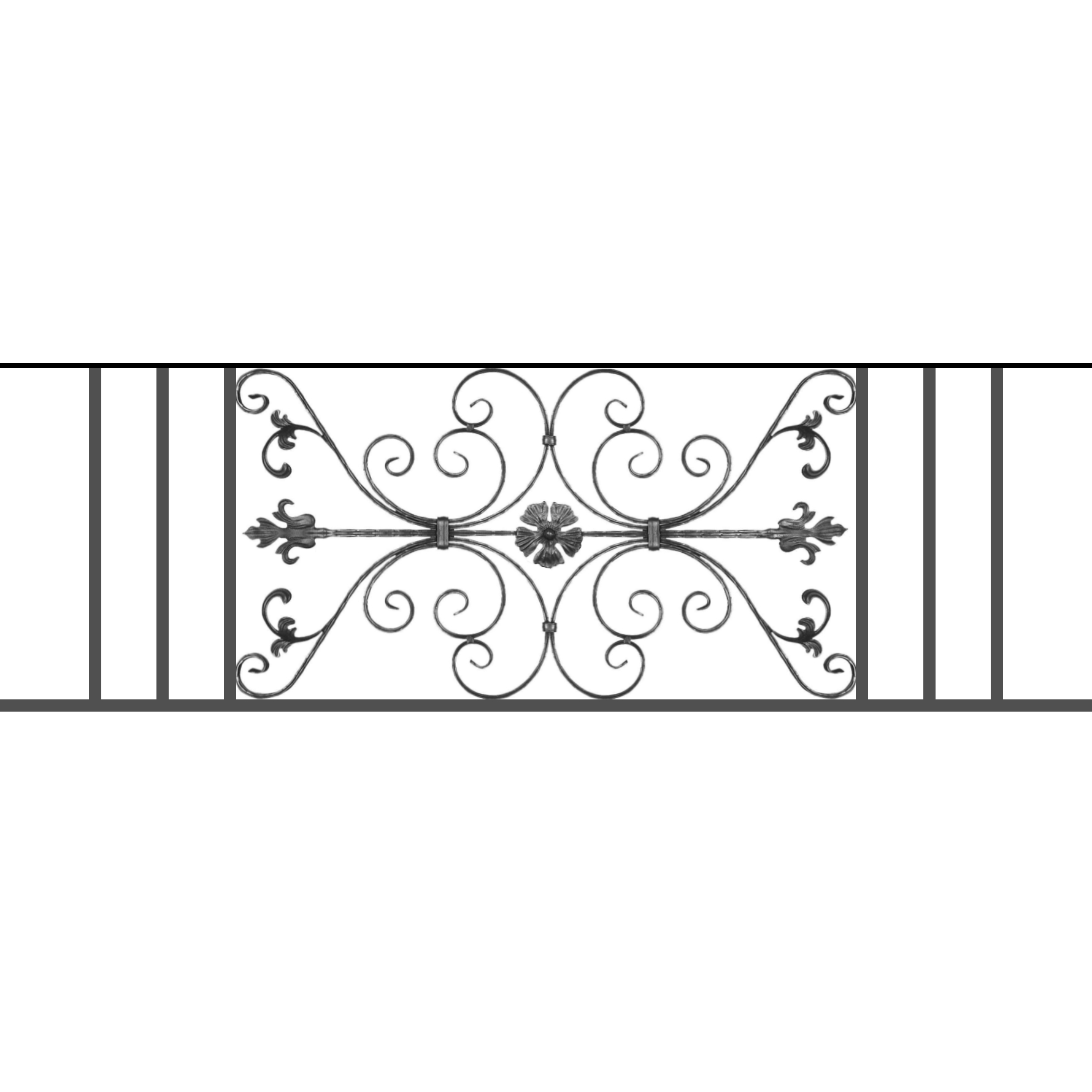 Appui de fenêtre type AF013 à sceller dans votre tableau de fenêtre. Longueur finie de 1780mm et Hauteur finie de 568mm. Convient pour les tableaux de fenêtre de 1680mm. 50mm de scellement sont prévue de chaque côté. Main courante laminée de 1680mm de long en fer forgé sur le dessus. Motif au centre de 1010mm de long par 540mm de haut. Le reste de la structure est en tube acier carré de 20mm de section.
