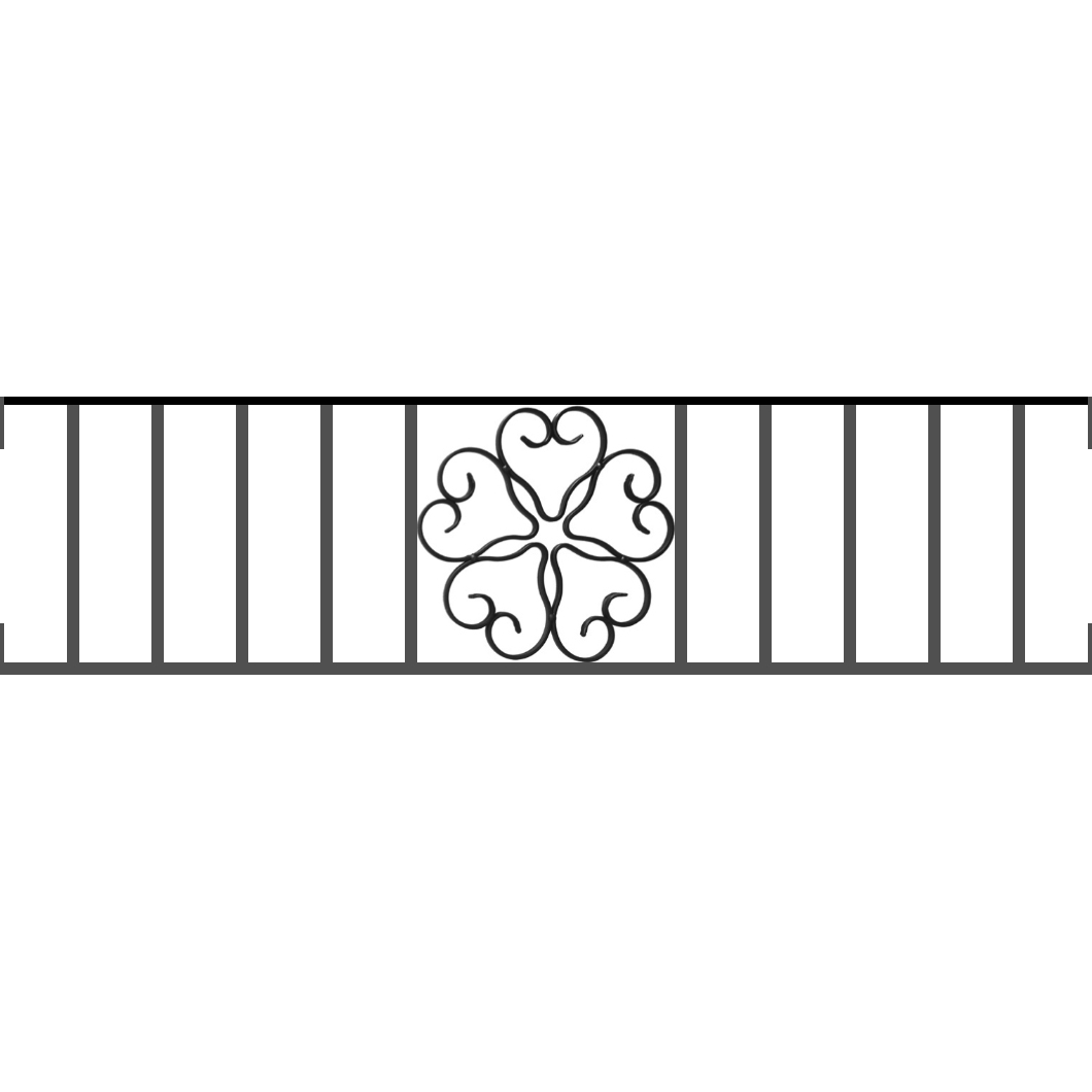 Appui de fenêtre type AFEF21 à visser dans votre tableau de fenêtre. Longueur finie de 1060mm et Hauteur finie de 270mm. Convient pour les tableaux de fenêtre de 1060mm. Main courante laminée de 1060mm de long en fer forgé sur le dessus. Motif au centre de 250mm de long par 250mm de haut. Le reste de la structure est en acier carré plein de 12mm de section.