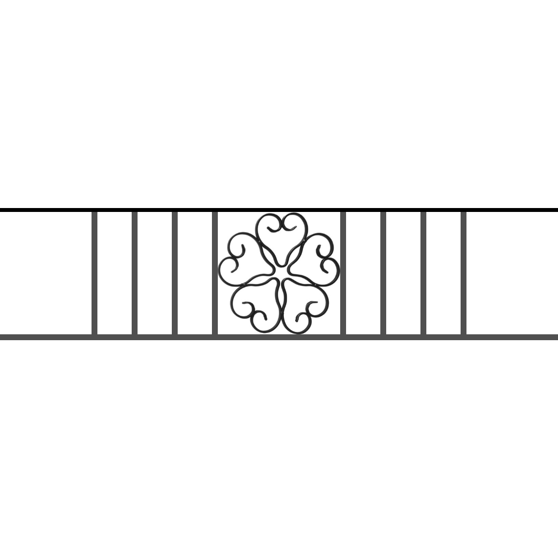 Appui de fenêtre type AFEF21 à sceller dans votre tableau de fenêtre. Longueur finie de 1140mm et Hauteur finie de 270mm. Convient pour les tableaux de fenêtre de 1040mm. 50mm de scellement sont prévue de chaque côté. Main courante laminée de 1040mm de long en fer forgé sur le dessus. Motif au centre de 250mm de long par 250mm de haut. Le reste de la structure est en acier carré plein de 12mm de section.