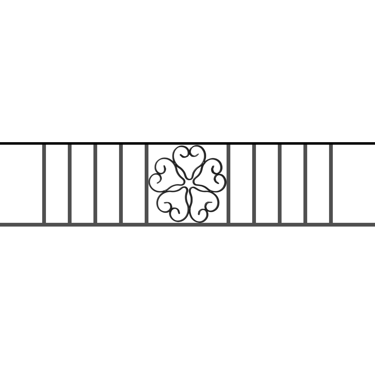 Appui de fenêtre type AFEF21 à sceller dans votre tableau de fenêtre. Longueur finie de 1200mm et Hauteur finie de 270mm. Convient pour les tableaux de fenêtre de 1100mm. 50mm de scellement sont prévue de chaque côté. Main courante laminée de 1100mm de long en fer forgé sur le dessus. Motif au centre de 250mm de long par 250mm de haut. Le reste de la structure est en acier carré plein de 12mm de section.