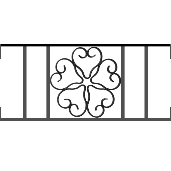 Appui de fenêtre type AFEF21 à visser dans votre tableau de fenêtre. Longueur finie de 600mm et Hauteur finie de 270mm. Convient pour les tableaux de fenêtre de 600mm. Main courante laminée de 600mm de long en fer forgé sur le dessus. Motif au centre de 250mm de long par 250mm de haut. Le reste de la structure est en acier carré plein de 12mm de section.