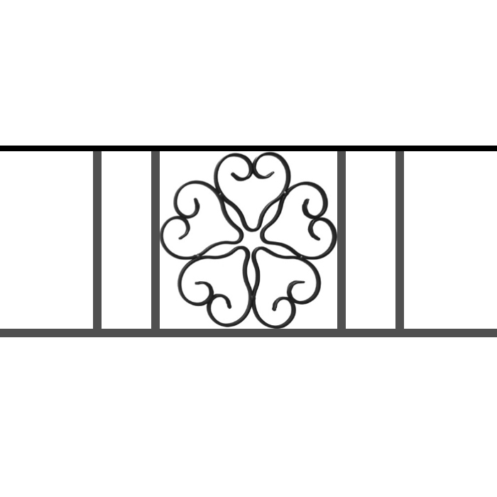 Appui de fenêtre type AFEF21 à sceller dans votre tableau de fenêtre. Longueur finie de 700mm et Hauteur finie de 270mm. Convient pour les tableaux de fenêtre de 600mm. 50mm de scellement sont prévue de chaque côté. Main courante laminée de 600mm de long en fer forgé sur le dessus. Motif au centre de 250mm de long par 250mm de haut. Le reste de la structure est en acier carré plein de 12mm de section.