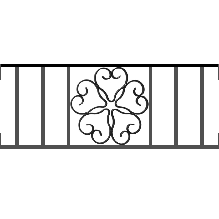 Appui de fenêtre type AFEF21 à visser dans votre tableau de fenêtre. Longueur finie de 700mm et Hauteur finie de 270mm. Convient pour les tableaux de fenêtre de 700mm. Main courante laminée de 700mm de long en fer forgé sur le dessus. Motif au centre de 250mm de long par 250mm de haut. Le reste de la structure est en acier carré plein de 12mm de section.