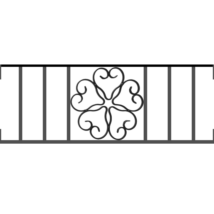 Appui de fenêtre type AFEF21 à visser dans votre tableau de fenêtre. Longueur finie de 730mm et Hauteur finie de 270mm. Convient pour les tableaux de fenêtre de 730mm. Main courante laminée de 730mm de long en fer forgé sur le dessus. Motif au centre de 250mm de long par 250mm de haut. Le reste de la structure est en acier carré plein de 12mm de section.