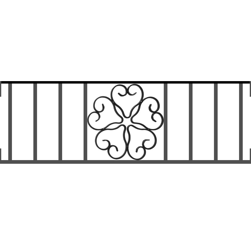 Appui de fenêtre type AFEF21 à visser dans votre tableau de fenêtre. Longueur finie de 820mm et Hauteur finie de 270mm. Convient pour les tableaux de fenêtre de 820mm. Main courante laminée de 820mm de long en fer forgé sur le dessus. Motif au centre de 250mm de long par 250mm de haut. Le reste de la structure est en acier carré plein de 12mm de section.