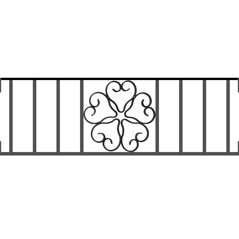 Appui de fenêtre type AFEF21 à visser dans votre tableau de fenêtre. Longueur finie de 830mm et Hauteur finie de 270mm. Convient pour les tableaux de fenêtre de 830mm. Main courante laminée de 830mm de long en fer forgé sur le dessus. Motif au centre de 250mm de long par 250mm de haut. Le reste de la structure est en acier carré plein de 12mm de section.
