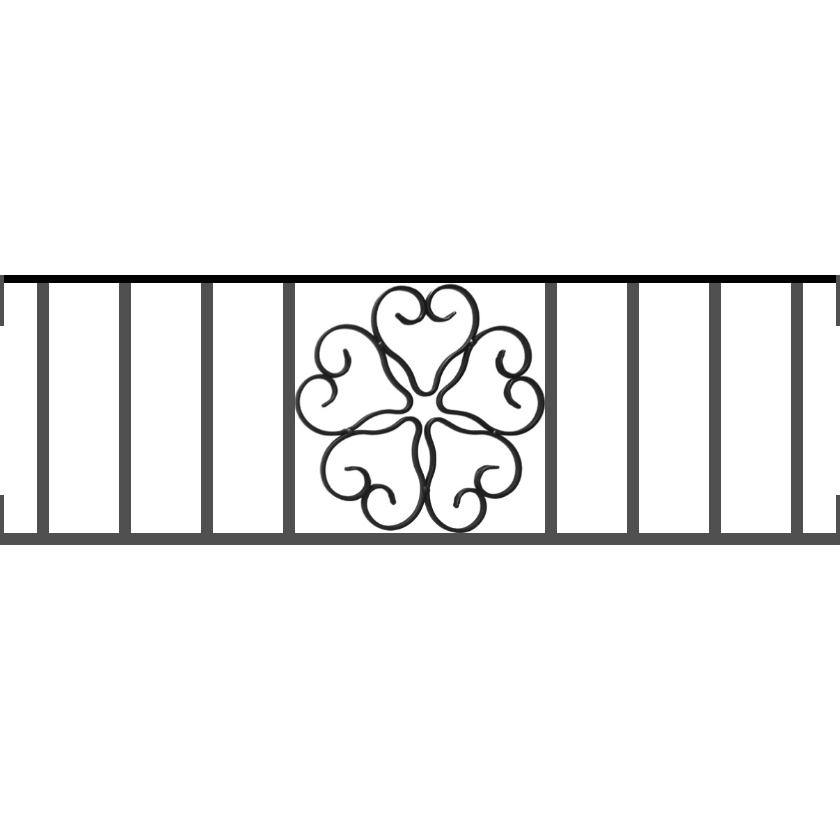 Appui de fenêtre type AFEF21 à visser dans votre tableau de fenêtre. Longueur finie de 840mm et Hauteur finie de 270mm. Convient pour les tableaux de fenêtre de 840mm. Main courante laminée de 840mm de long en fer forgé sur le dessus. Motif au centre de 250mm de long par 250mm de haut. Le reste de la structure est en acier carré plein de 12mm de section.