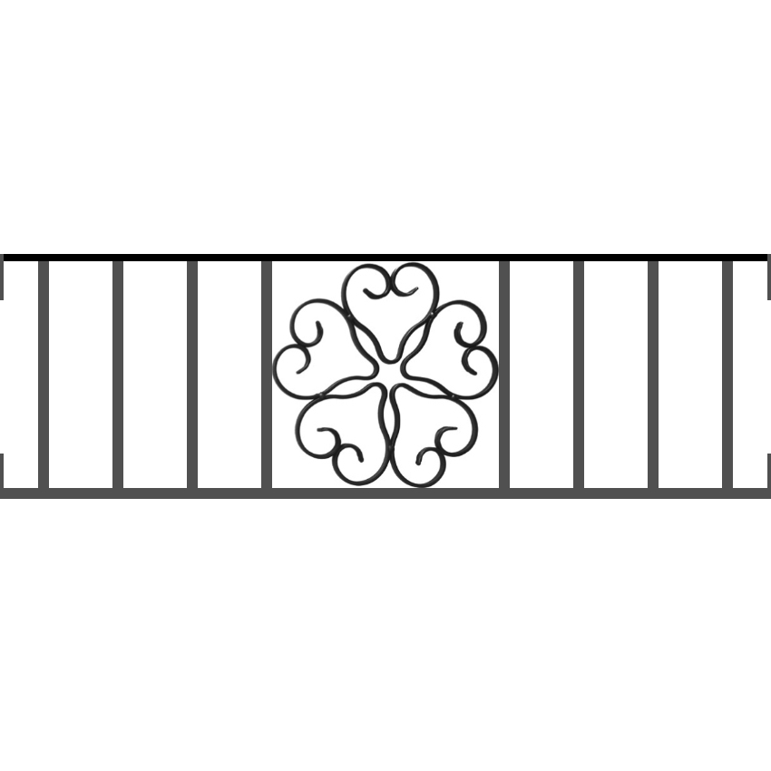 Appui de fenêtre type AFEF21 à visser dans votre tableau de fenêtre. Longueur finie de 850mm et Hauteur finie de 270mm. Convient pour les tableaux de fenêtre de 850mm. Main courante laminée de 850mm de long en fer forgé sur le dessus. Motif au centre de 250mm de long par 250mm de haut. Le reste de la structure est en acier carré plein de 12mm de section.