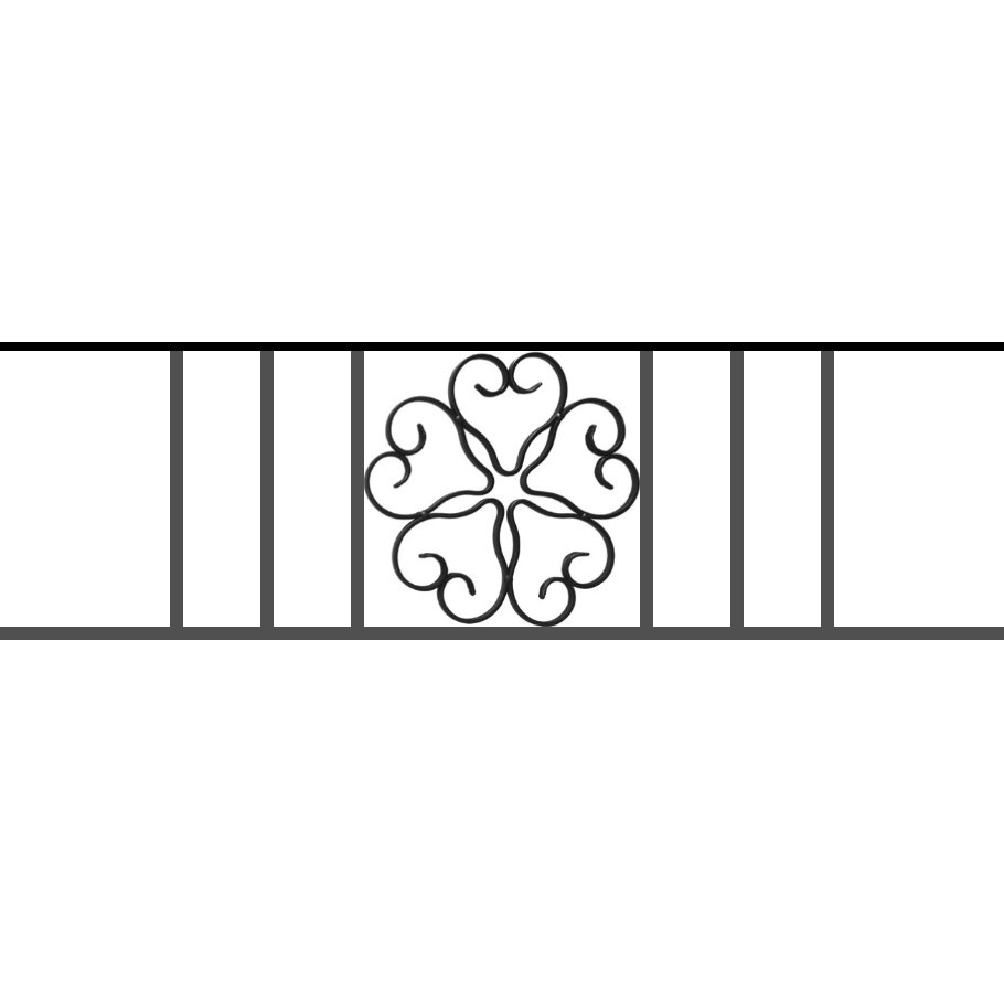Appui de fenêtre type AFEF21 à sceller dans votre tableau de fenêtre. Longueur finie de 910mm et Hauteur finie de 270mm. Convient pour les tableaux de fenêtre de 810mm. 50mm de scellement sont prévue de chaque côté. Main courante laminée de 810mm de long en fer forgé sur le dessus. Motif au centre de 250mm de long par 250mm de haut. Le reste de la structure est en acier carré plein de 12mm de section.