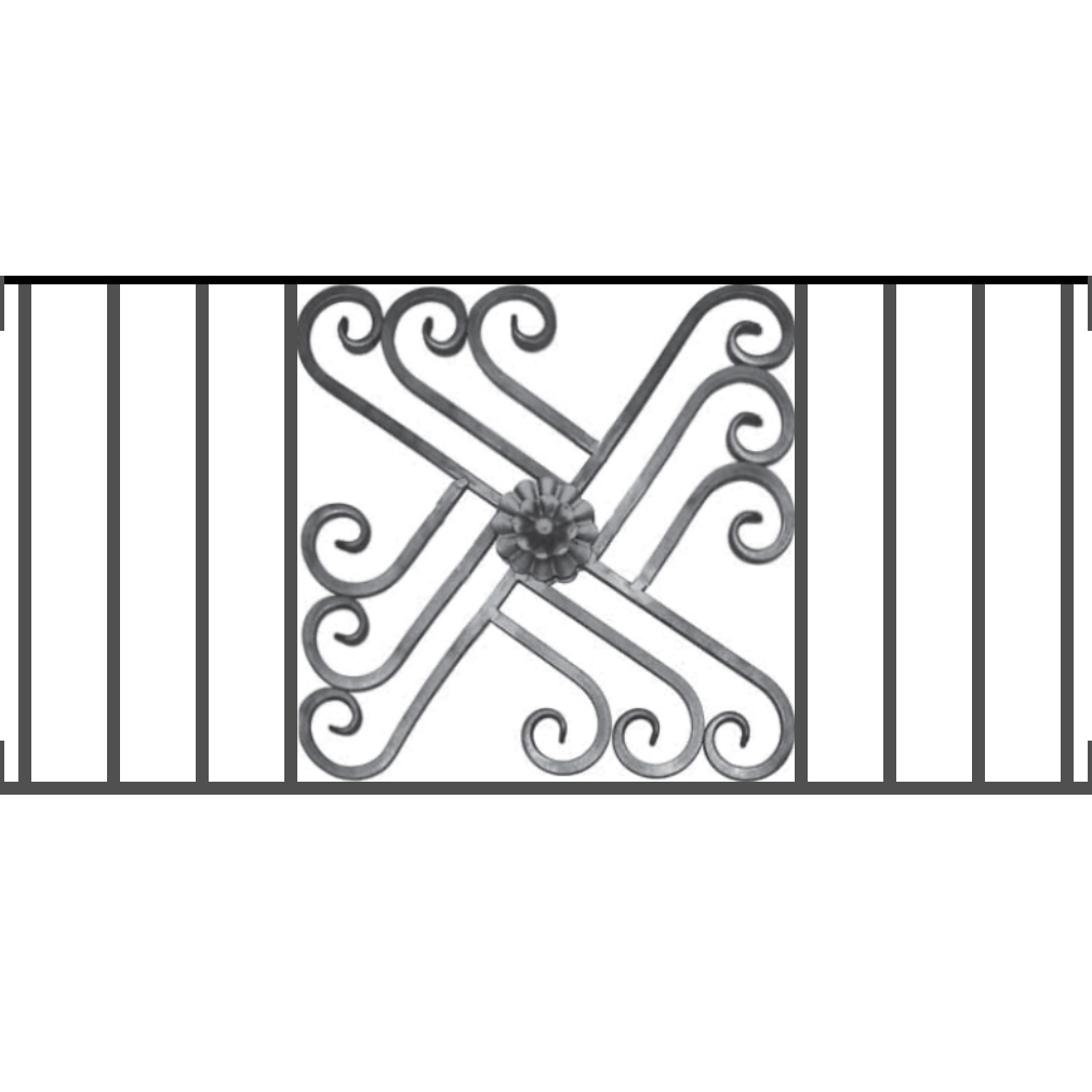 Appui de fenêtre type AFEF22 à visser dans votre tableau de fenêtre. Longueur finie de 1010mm et Hauteur finie de 480mm. Convient pour les tableaux de fenêtre de 1010mm. Main courante laminée de 1010mm de long en fer forgé sur le dessus. Motif au centre de 460mm de long par 460mm de haut. Le reste de la structure est en acier carré plein de 12mm de section.