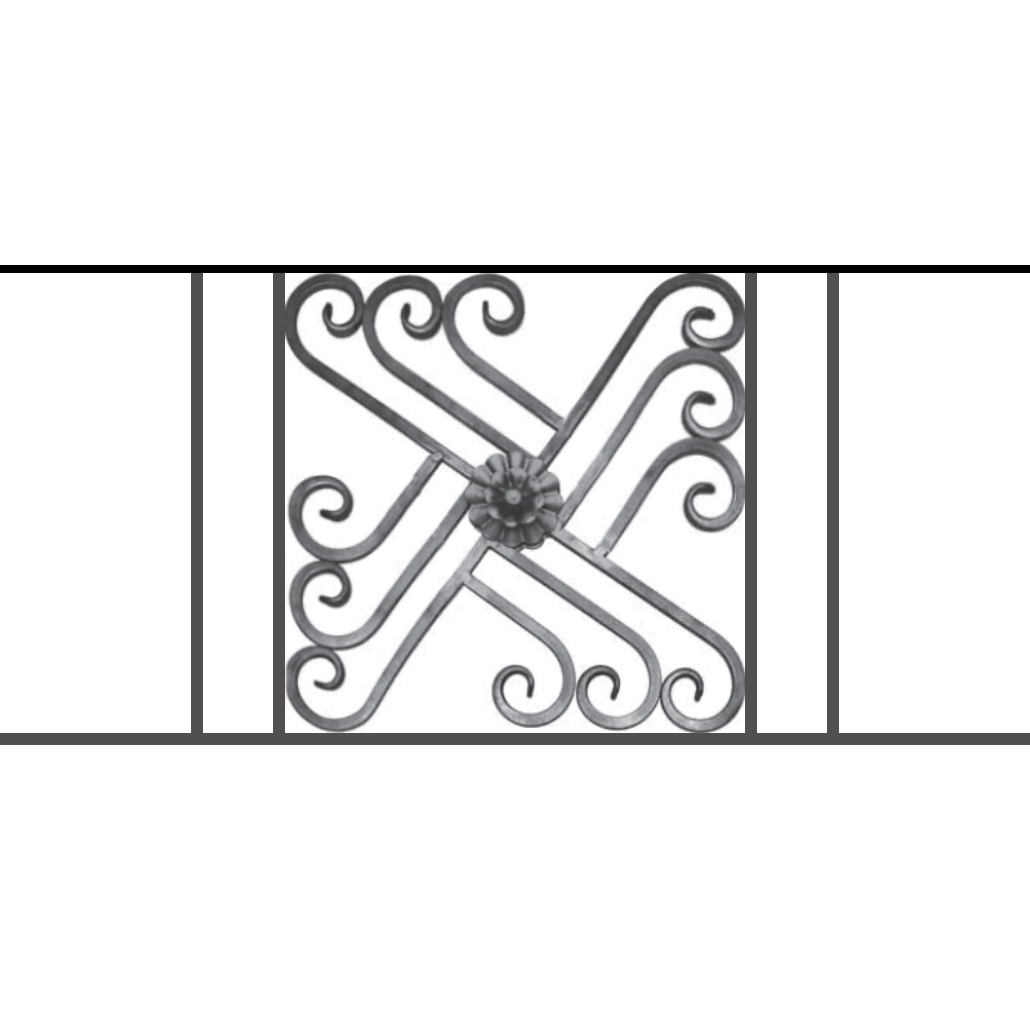 Appui de fenêtre type AFEF22 à sceller dans votre tableau de fenêtre. Longueur finie de 1030mm et Hauteur finie de 480mm. Convient pour les tableaux de fenêtre de 930mm. 50mm de scellement sont prévue de chaque côté. Main courante laminée de 930mm de long en fer forgé sur le dessus. Motif au centre de 460mm de long par 460mm de haut. Le reste de la structure est en acier carré plein de 12mm de section.