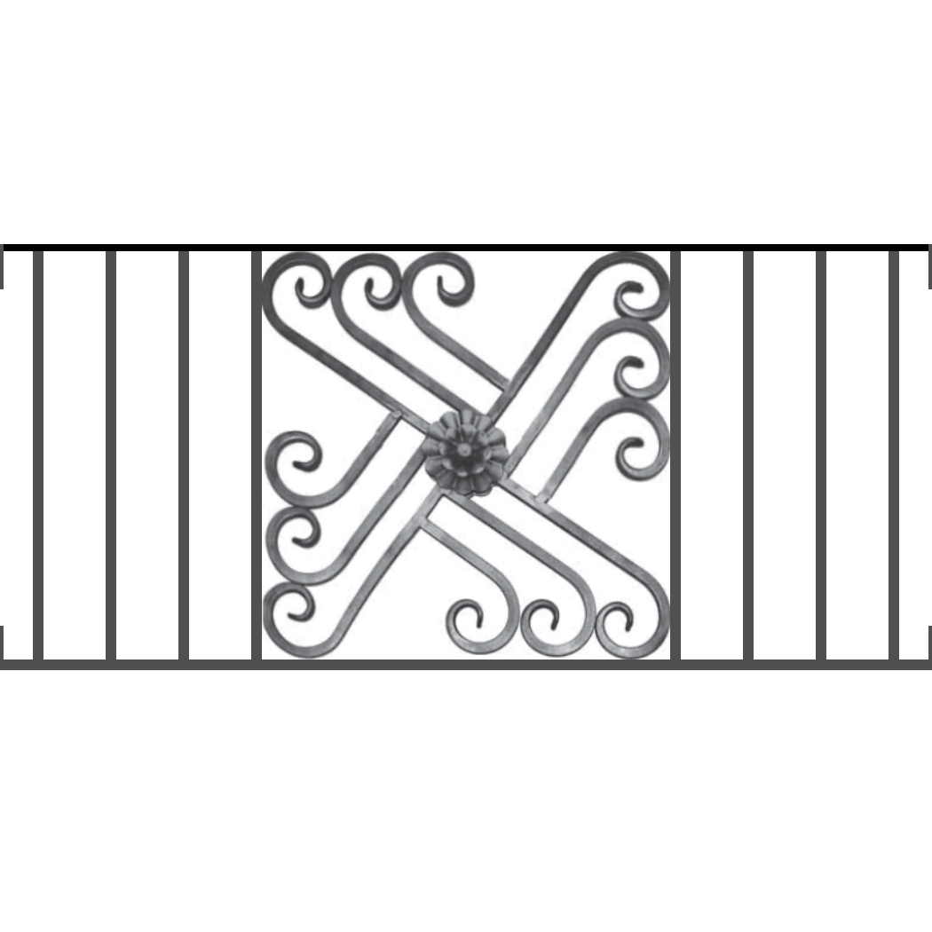 Appui de fenêtre type AFEF22 à visser dans votre tableau de fenêtre. Longueur finie de 1050mm et Hauteur finie de 480mm. Convient pour les tableaux de fenêtre de 1050mm. Main courante laminée de 1050mm de long en fer forgé sur le dessus. Motif au centre de 460mm de long par 460mm de haut. Le reste de la structure est en acier carré plein de 12mm de section.