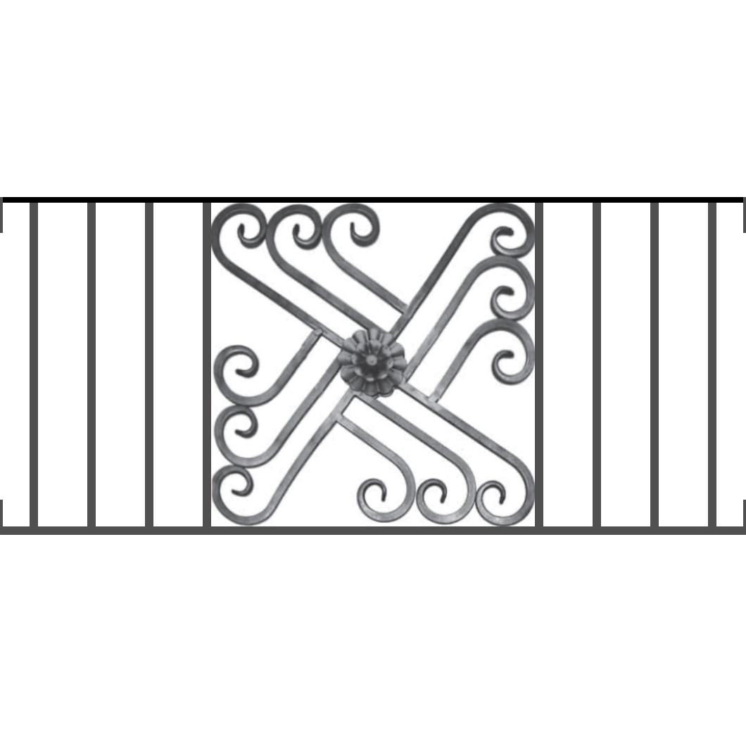 Appui de fenêtre type AFEF22 à visser dans votre tableau de fenêtre. Longueur finie de 1060mm et Hauteur finie de 480mm. Convient pour les tableaux de fenêtre de 1060mm. Main courante laminée de 1060mm de long en fer forgé sur le dessus. Motif au centre de 460mm de long par 460mm de haut. Le reste de la structure est en acier carré plein de 12mm de section.